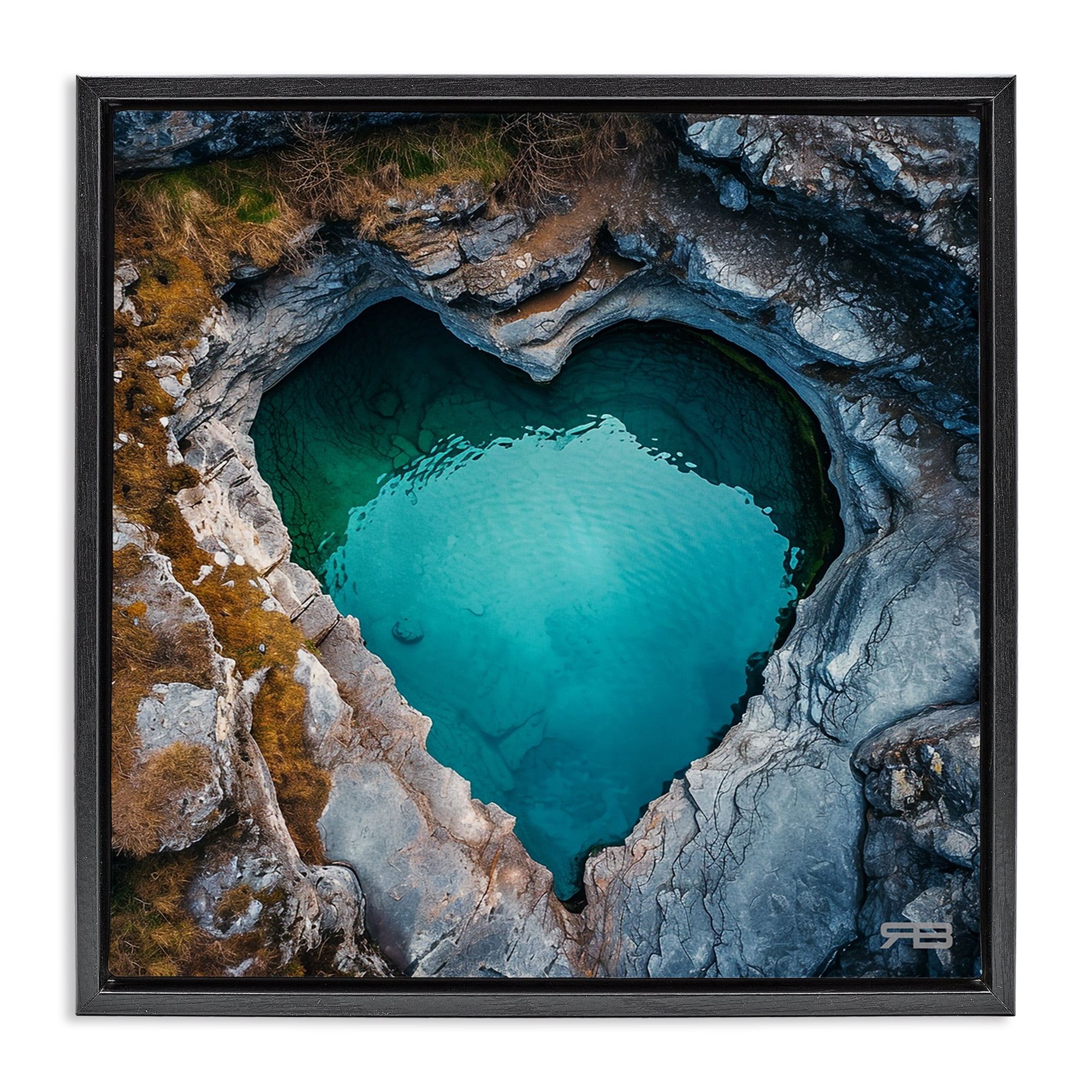 Stupell Industries Heart Shaped Natural Pool Landscape & Nature Painting Black Floater Framed Canvas Art Print Wall Art, 18 x 18