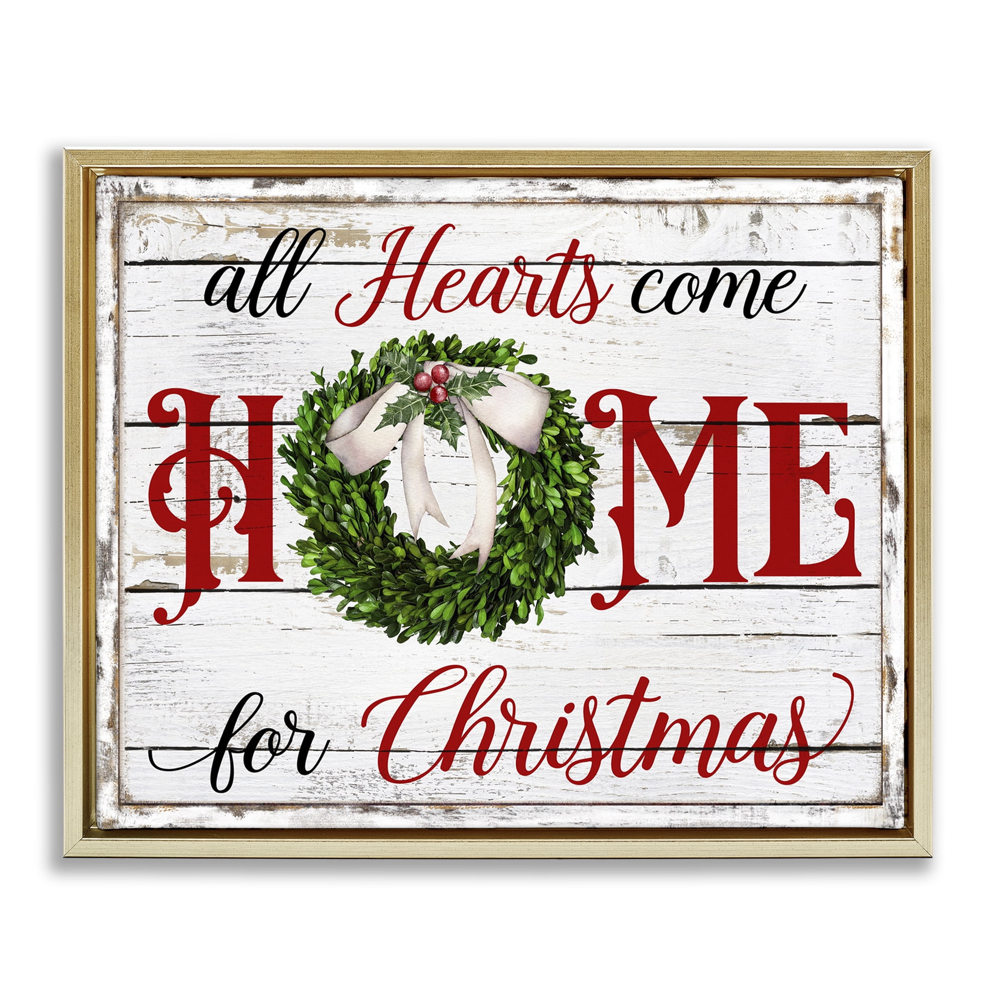 Stupell Industries Hearts Home For Christmas Holiday Painting Gold Floater Framed Canvas Art Prints Wall Art, 31 x 25