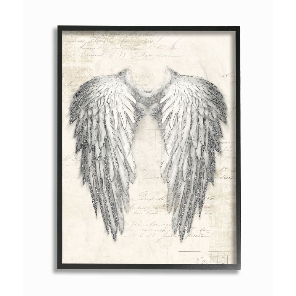 Stupell Industries Heavenly Wings Silver Parchment Design Graphic Art Black Framed Art Print Wall Art, 16x20, by Main Line Studio