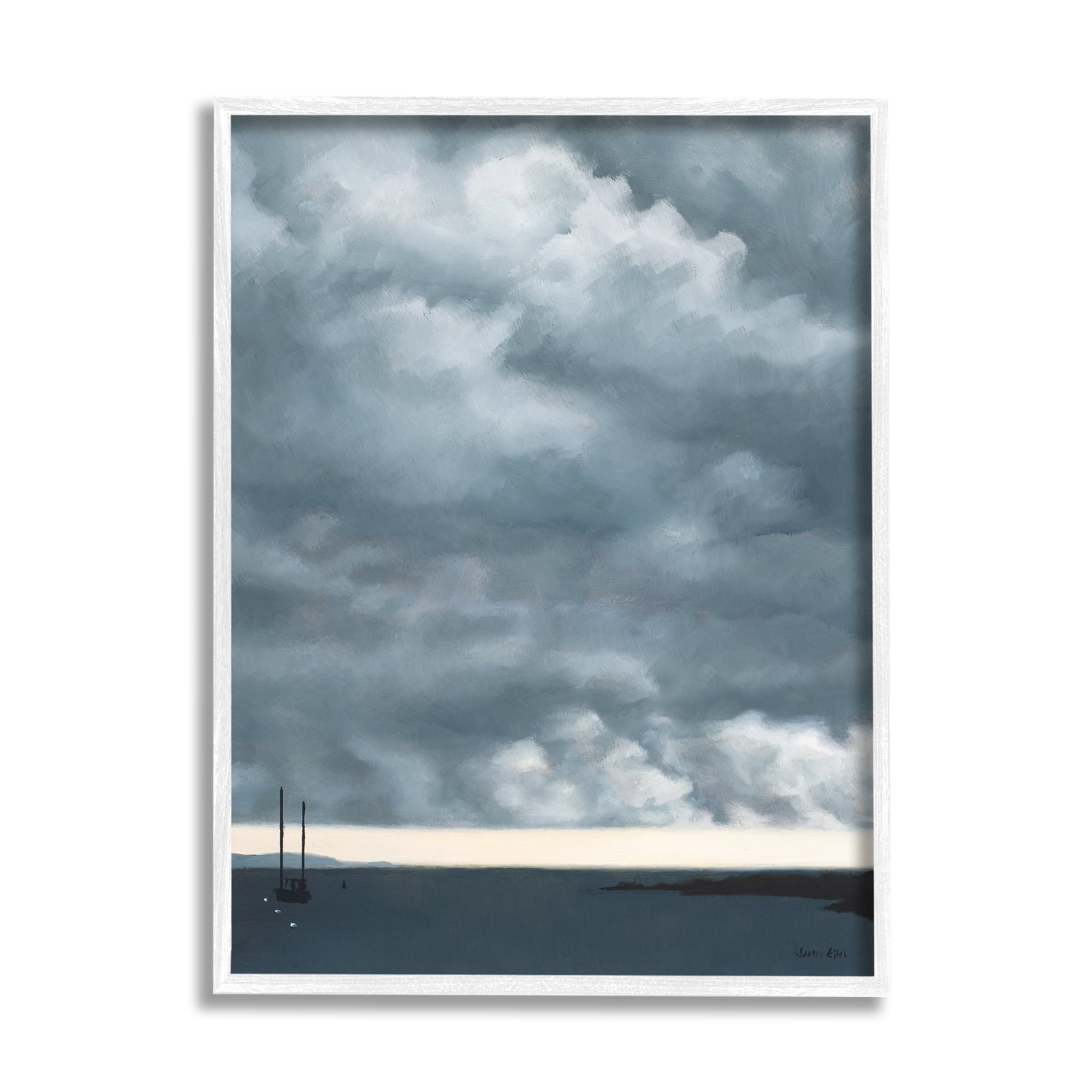 Stupell Industries Heavy Overcast Clouds Looming Ocean Water Boat Framed Wall Art, 16 x 20, Design by Jen Eitel