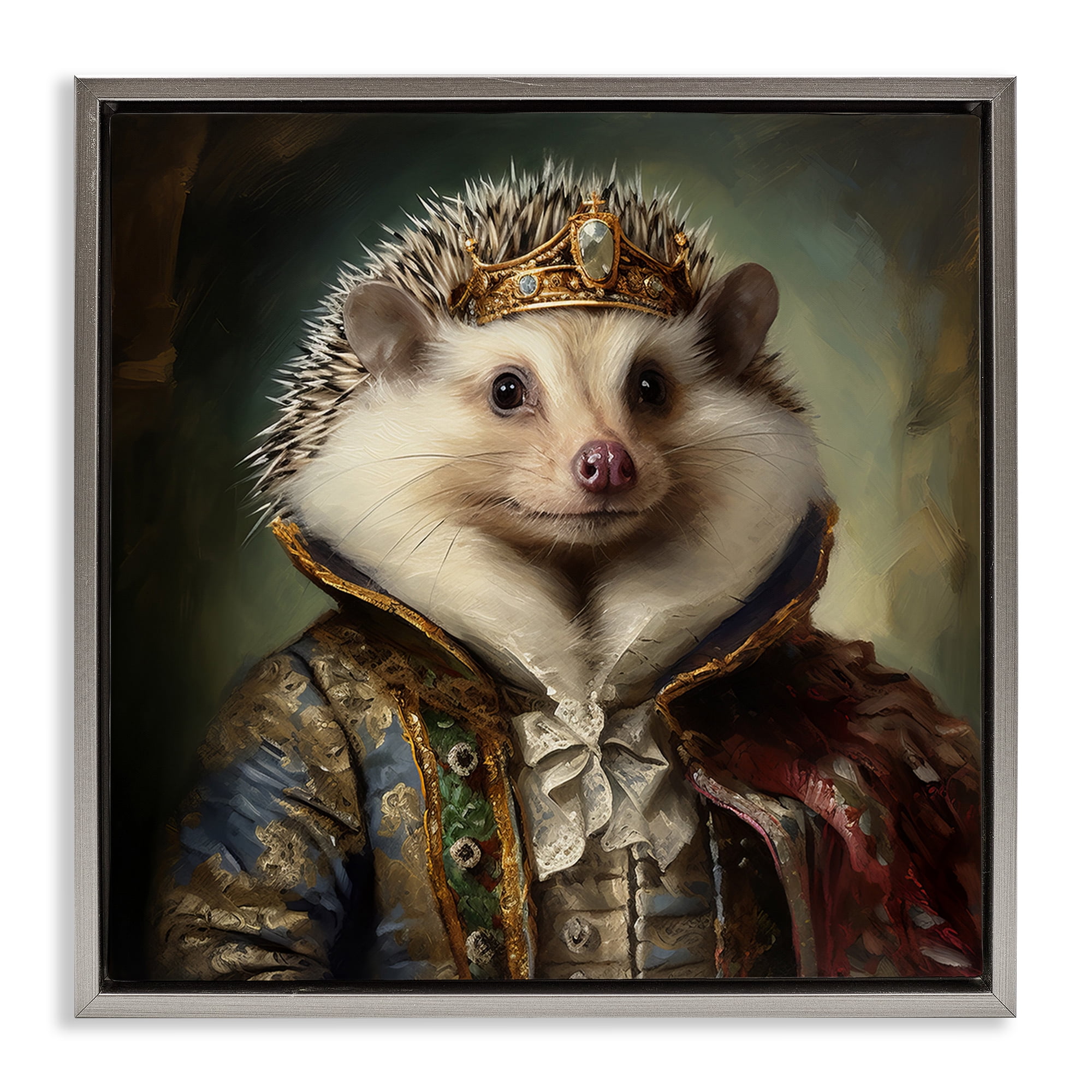 Stupell Industries Hedgehog Regal Transformation Animals & Insects Painting Gray Floater Framed Canvas Art Print Wall Art, 18 x 18