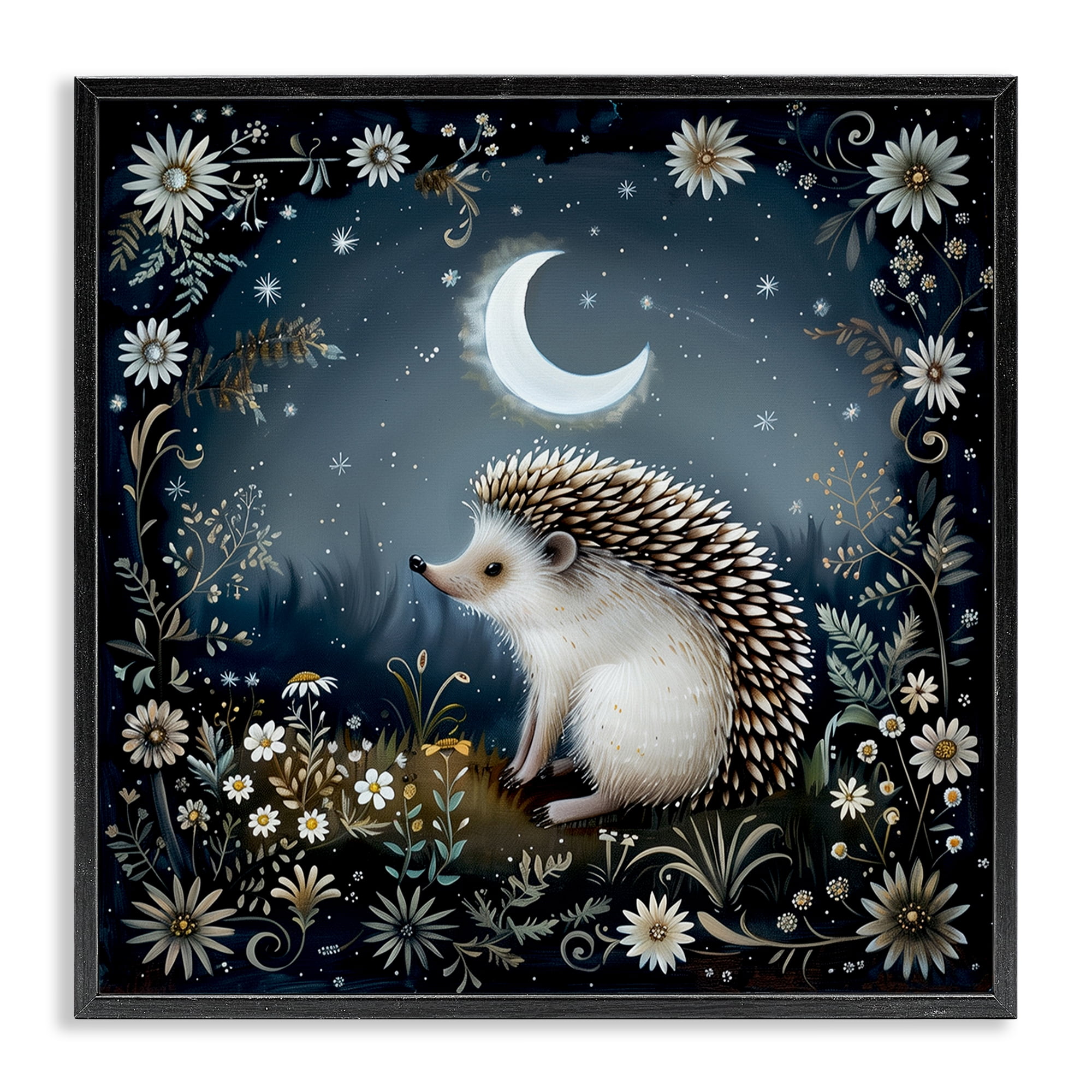 Stupell Industries Hedgehog Under Forest Moon Animals Painting Black Framed Art Print Wall Art, 24 x 24