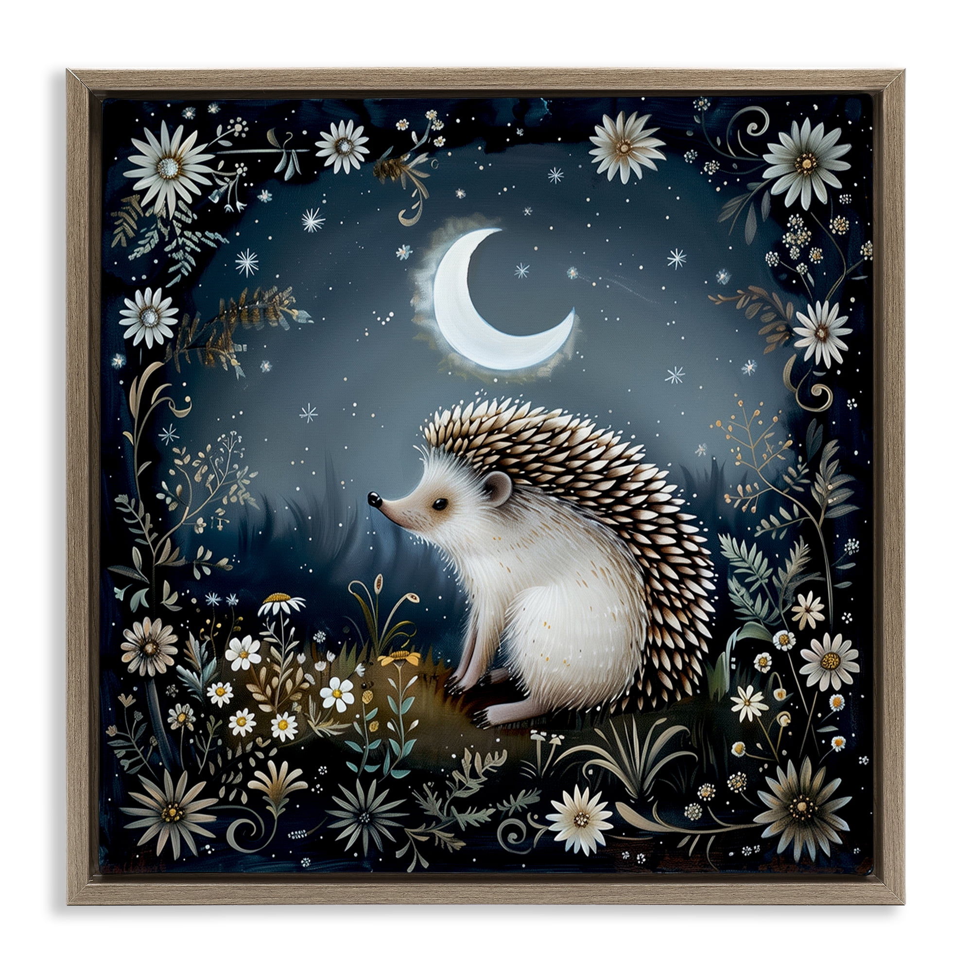 Stupell Industries Hedgehog Under Forest Moon Animals Painting Brown Floater Framed Canvas Art Print Wall Art, 18 x 18
