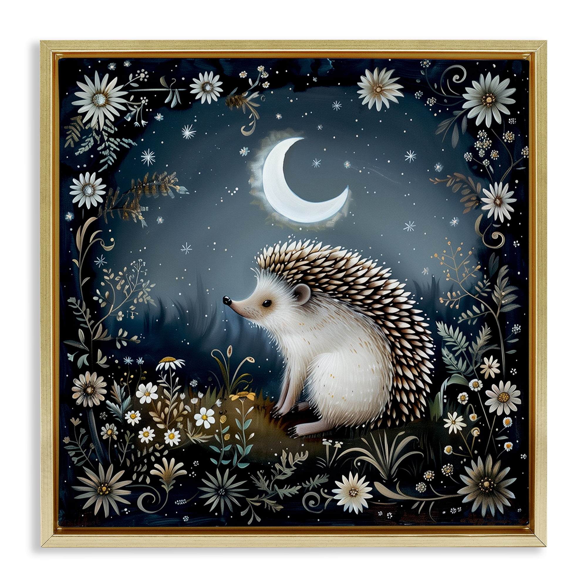 Stupell Industries Hedgehog Under Forest Moon Animals Painting Gold Floater Framed Canvas Art Print Wall Art, 25 x 25