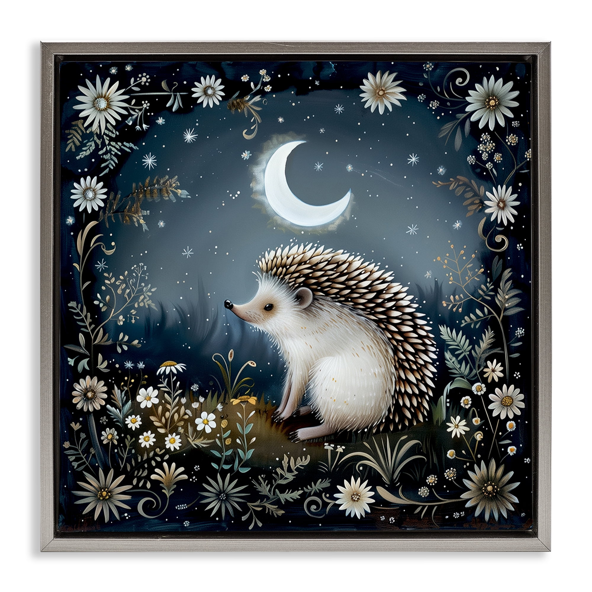 Stupell Industries Hedgehog Under Forest Moon Animals Painting Gray Floater Framed Canvas Art Print Wall Art, 25 x 25