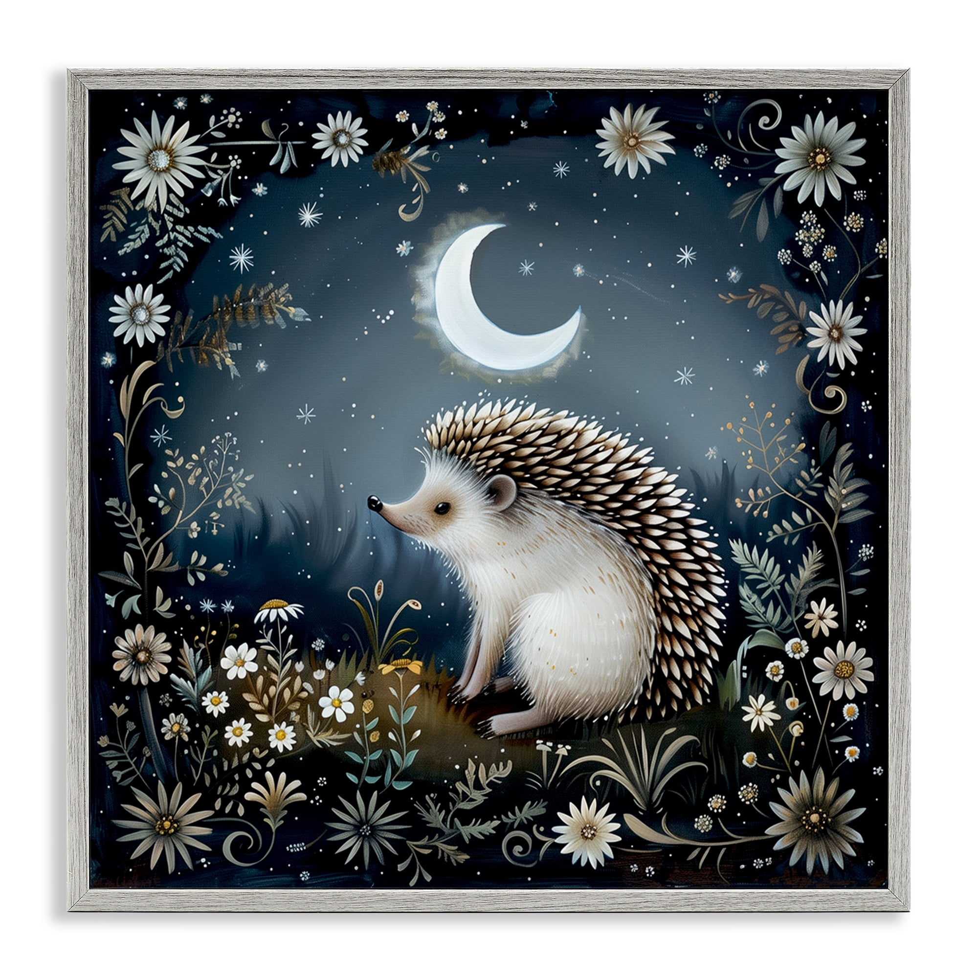 Stupell Industries Hedgehog Under Forest Moon Animals Painting Gray Framed Art Print Wall Art, 24 x 24