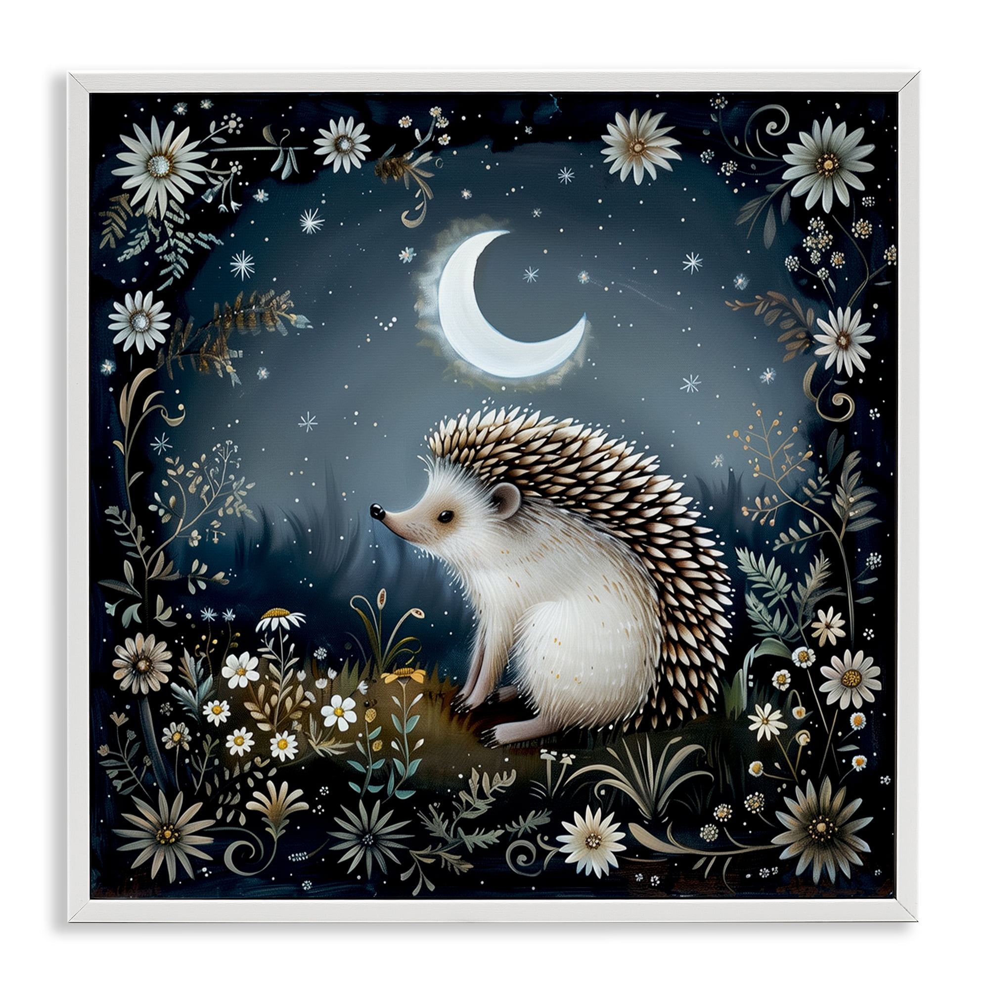 Stupell Industries Hedgehog Under Forest Moon Animals Painting White Framed Art Print Wall Art, 17 x 17