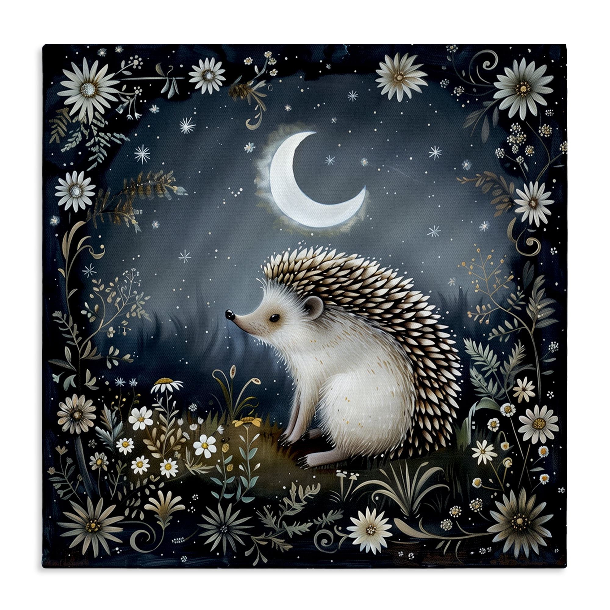 Stupell Industries Hedgehog Under Forest Moon Animals Painting Wrapped Canvas Art Print Wall Art, 24 x 24