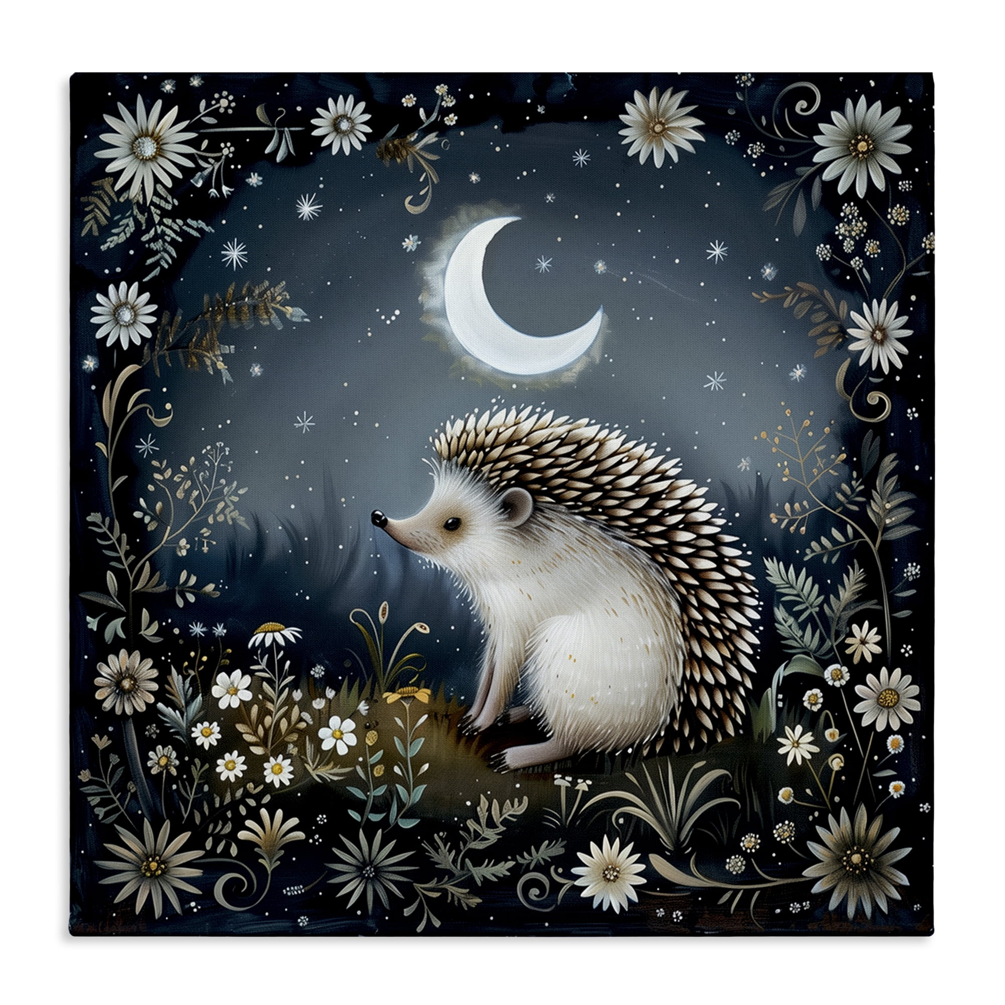 Stupell Industries Hedgehog Under Forest Moon Animals Painting Wrapped Canvas Art Print Wall Art, 30 x 30