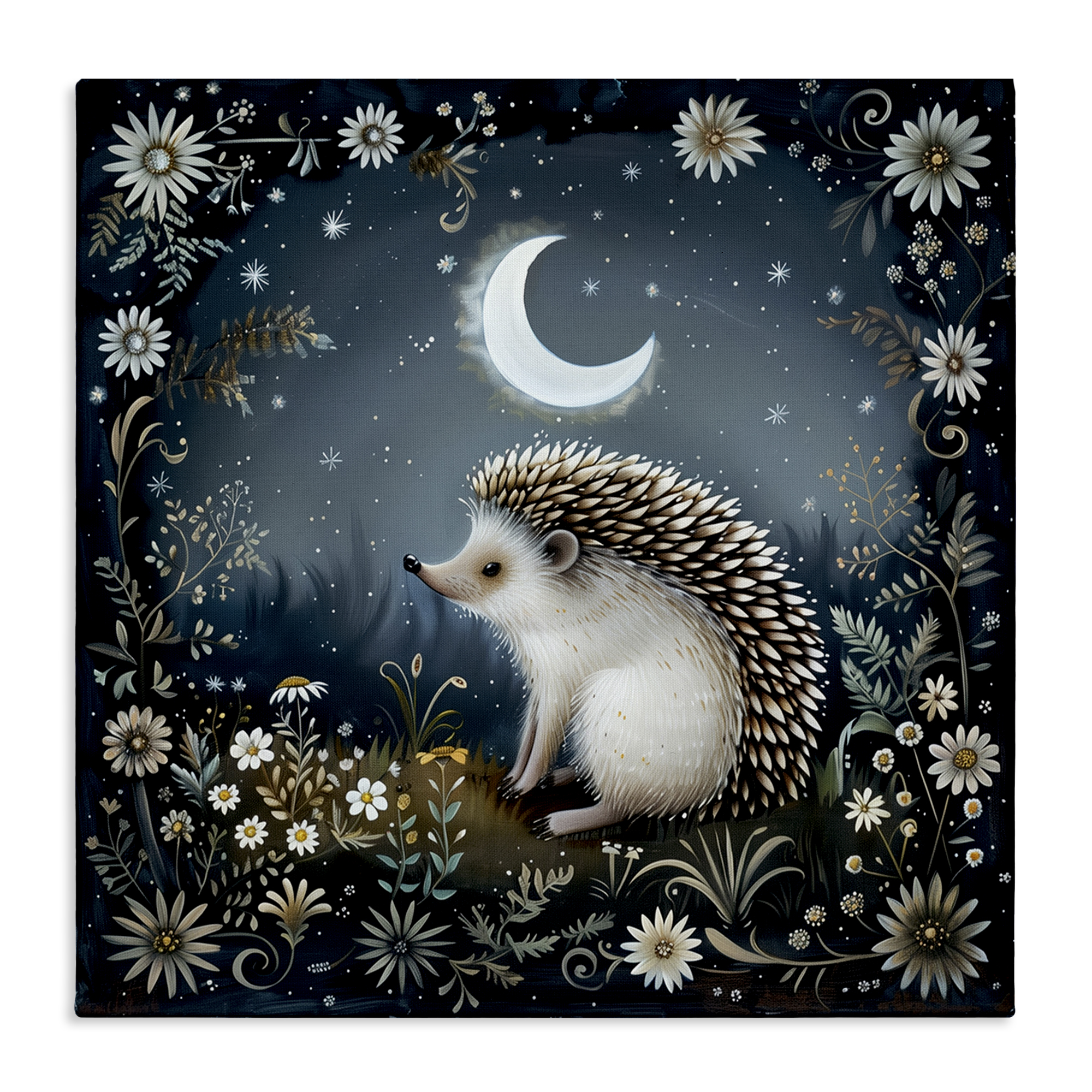 Stupell Industries Hedgehog Under Forest Moon Animals Painting Wrapped Canvas Art Print Wall Art, 36 x 36