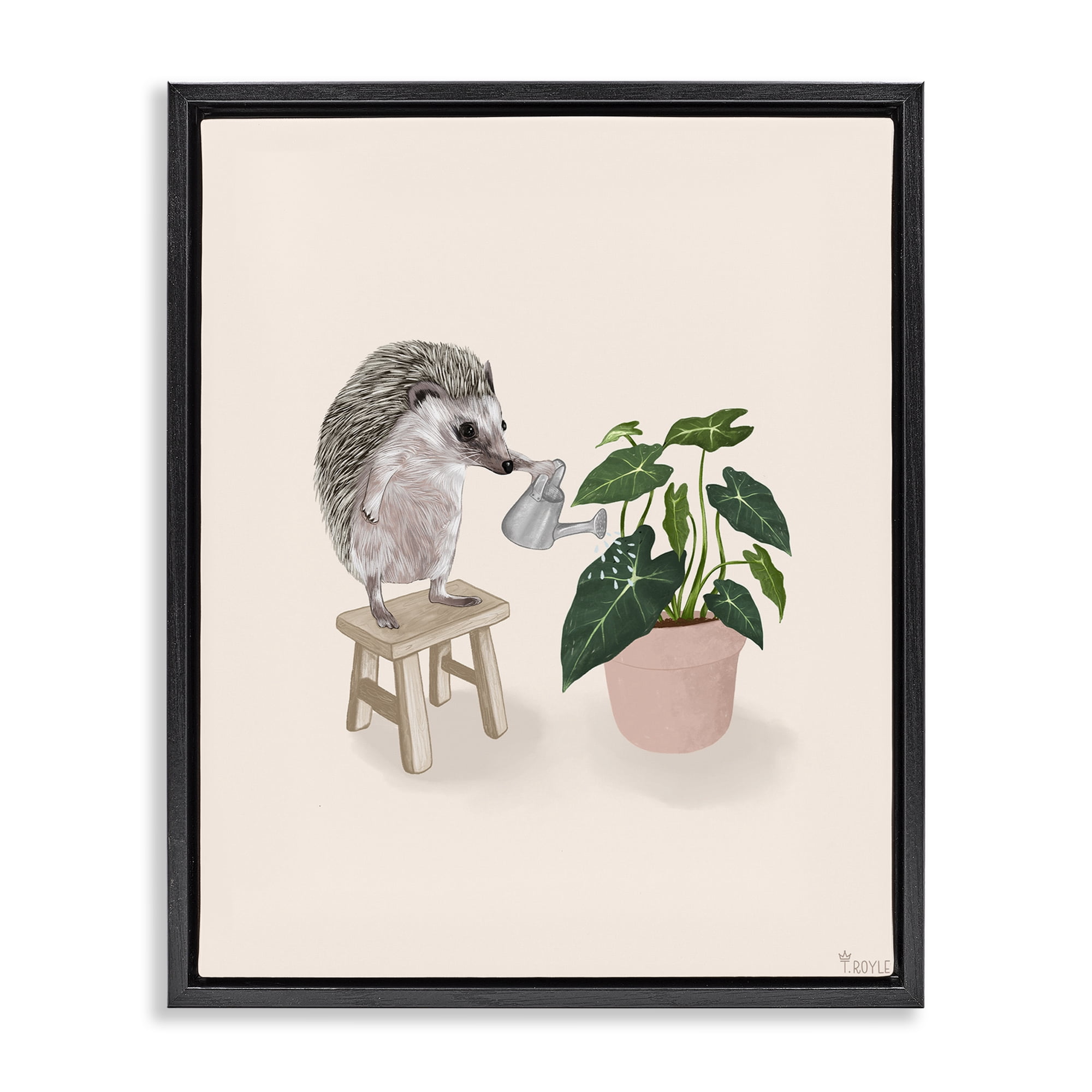Stupell Industries Hedgehog Watering Plant Animals & Insects Painting Black Floater Framed Canvas Art Print Wall Art, 25 x 31