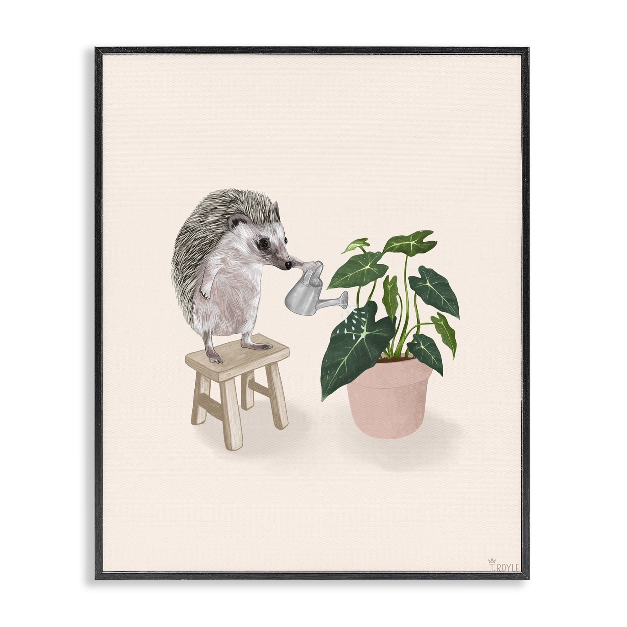 Stupell Industries Hedgehog Watering Plant Animals & Insects Painting Black Framed Art Print Wall Art, 11 x 14