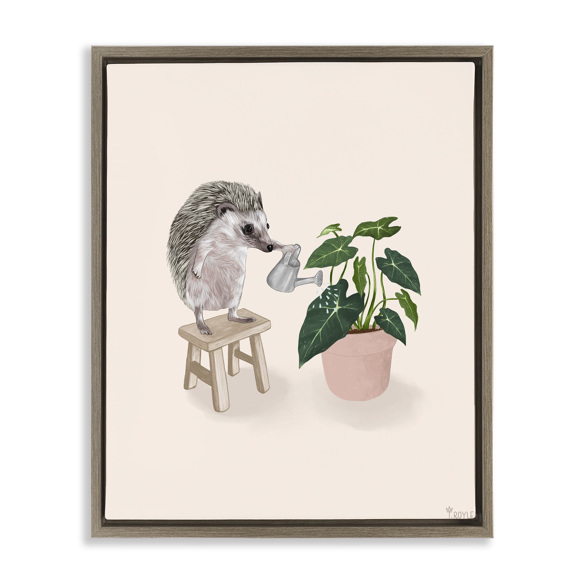 Stupell Industries Hedgehog Watering Plant Animals & Insects Painting Brown Floater Framed Canvas Art Print Wall Art, 17 x 21