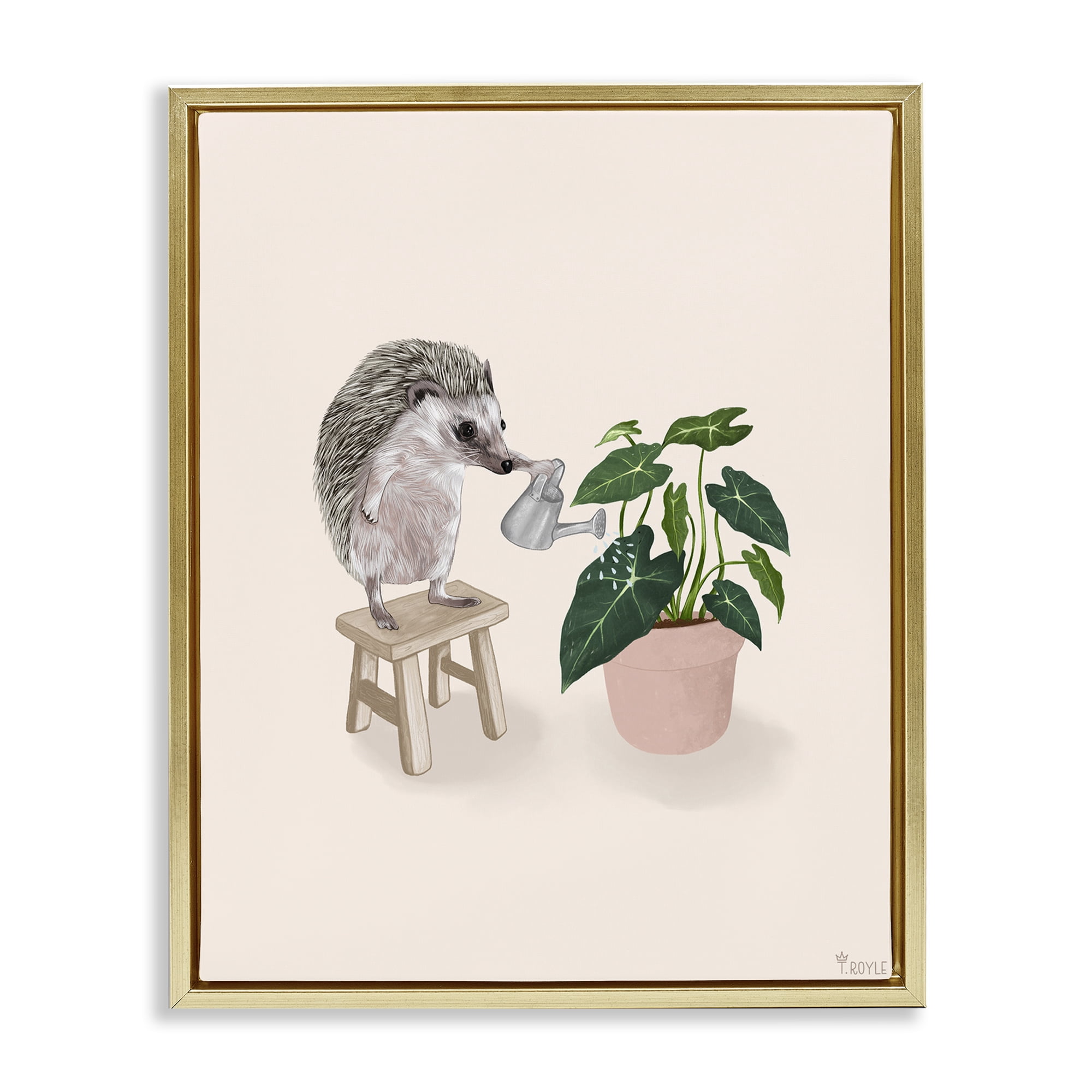 Stupell Industries Hedgehog Watering Plant Animals & Insects Painting Gold Floater Framed Canvas Art Print Wall Art, 17 x 21