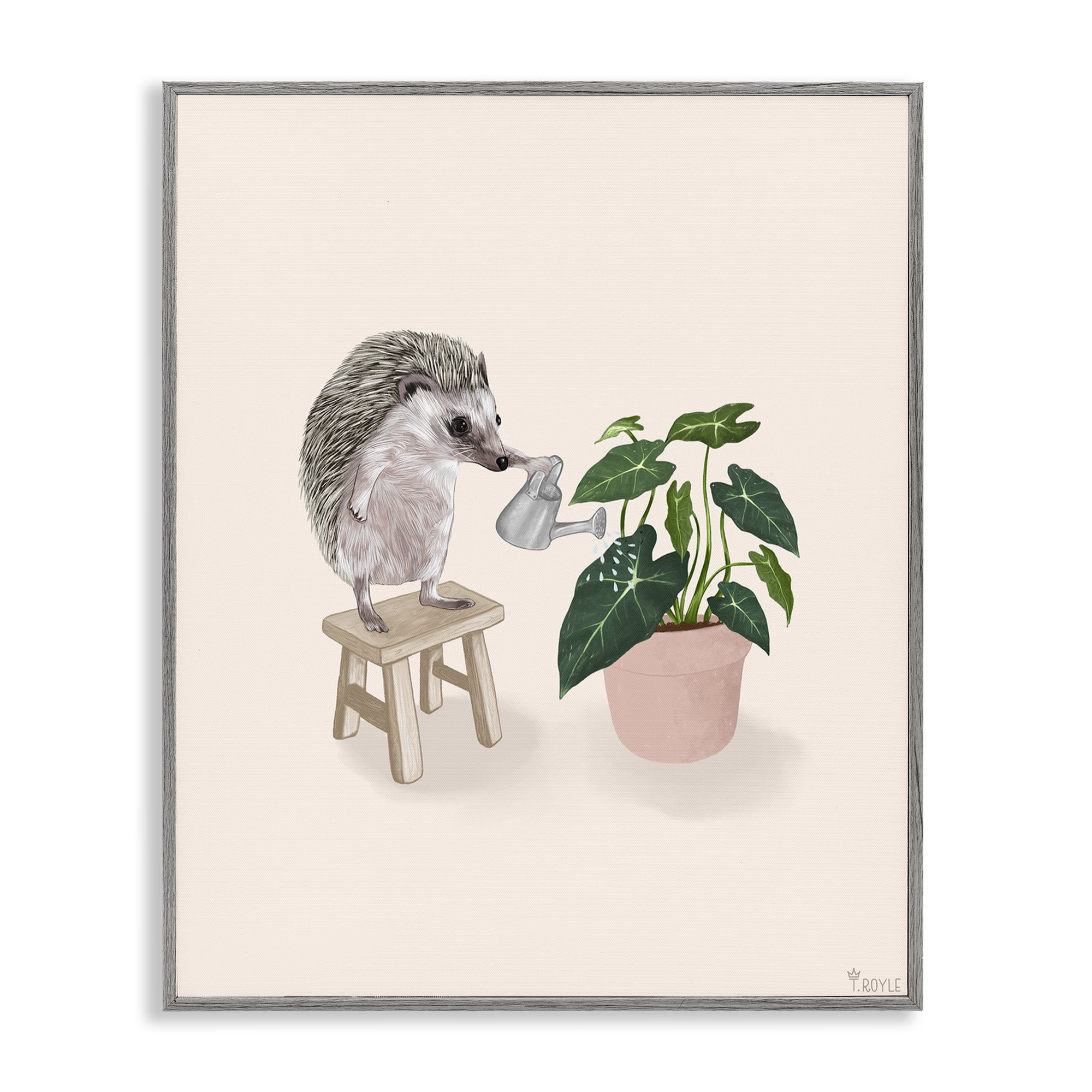 Stupell Industries Hedgehog Watering Plant Animals & Insects Painting Gray Framed Art Print Wall Art, 16 x 20