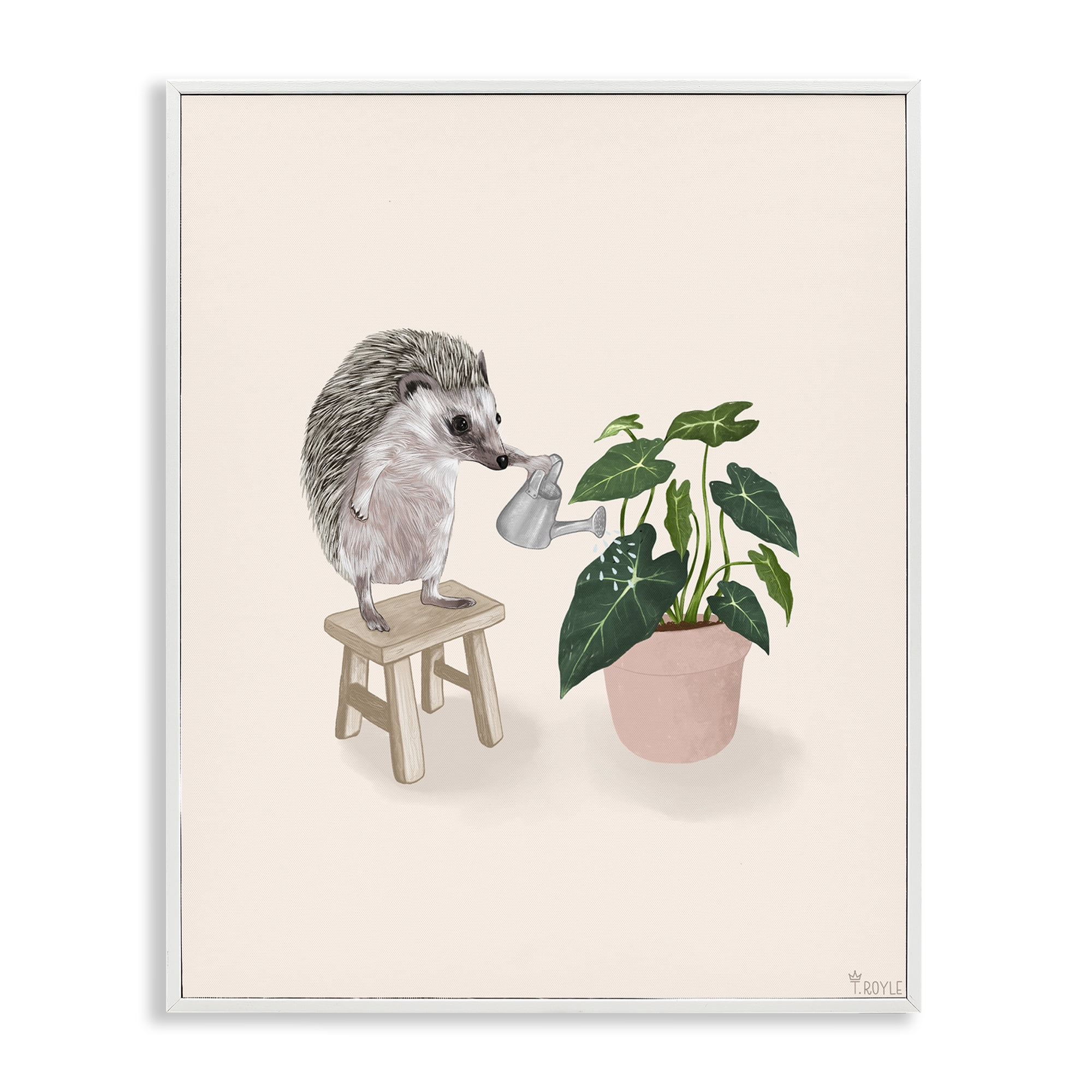 Stupell Industries Hedgehog Watering Plant Animals & Insects Painting White Framed Art Print Wall Art, 16 x 20