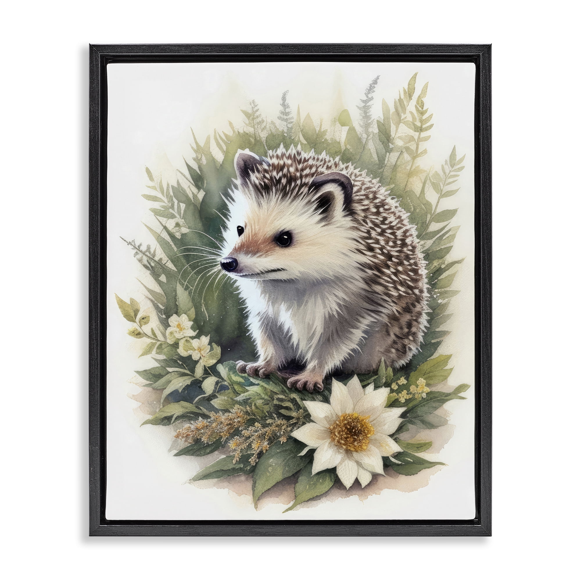 Stupell Industries Hedgehog & White Flower Animals & Insects Painting Black Floater Framed Canvas Art Print Wall Art, 17 x 21