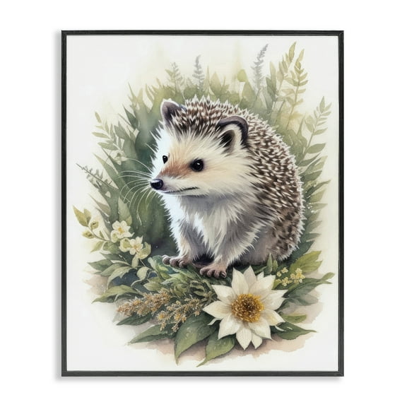Stupell Industries Hedgehog & White Flower Animals & Insects Painting Black Framed Art Print Wall Art, 11 x 14
