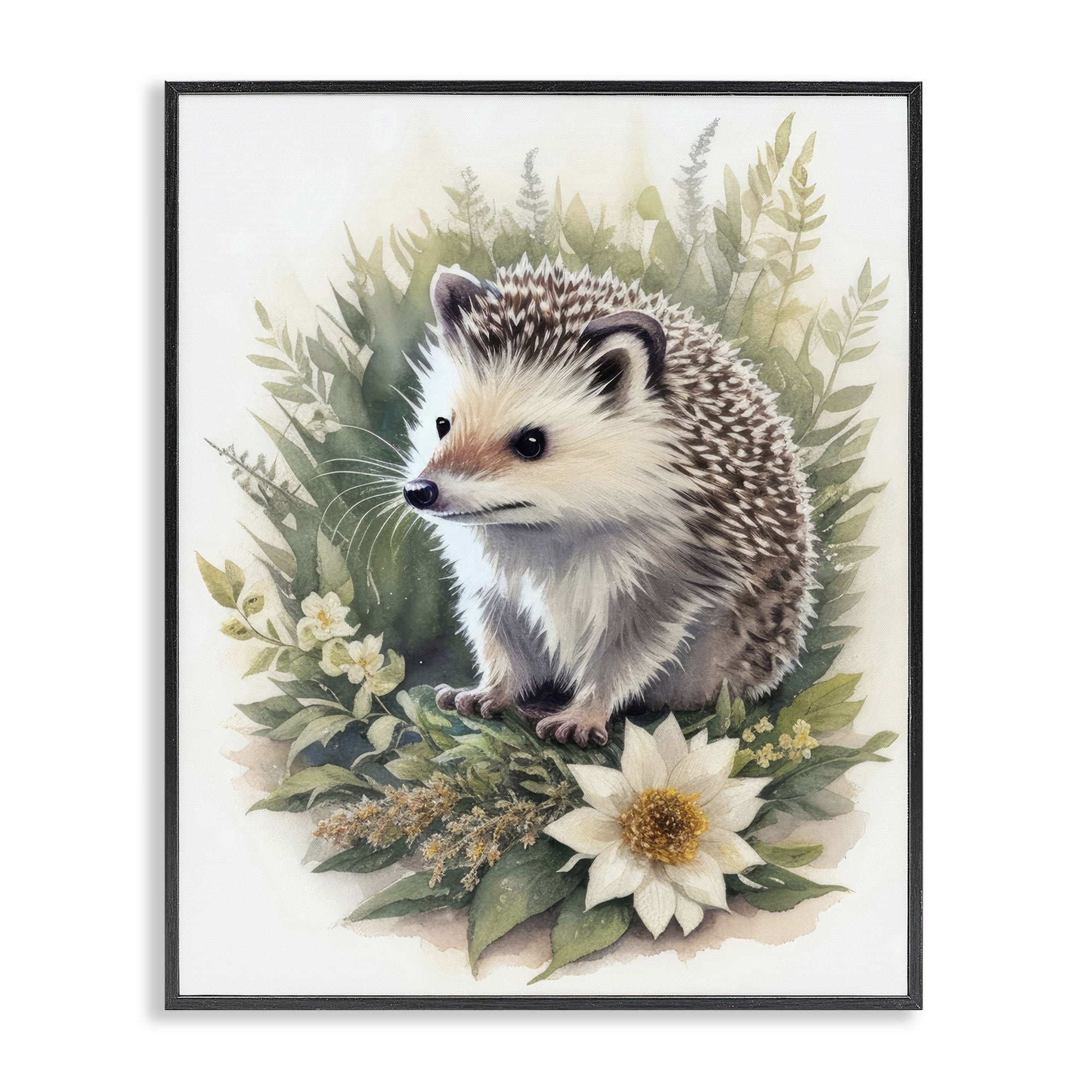 Stupell Industries Hedgehog & White Flower Animals & Insects Painting Black Framed Art Print Wall Art, 16 x 20