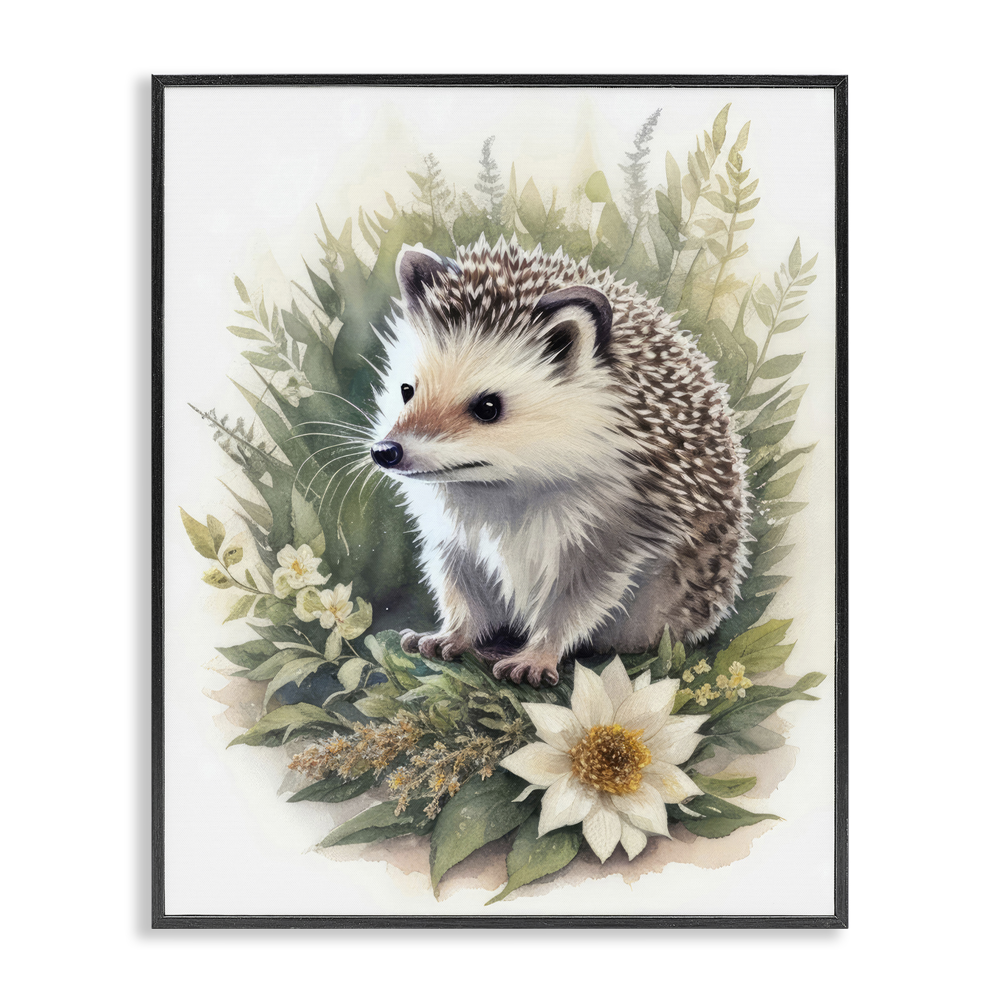 Stupell Industries Hedgehog & White Flower Animals & Insects Painting Black Framed Art Print Wall Art, 24 x 30