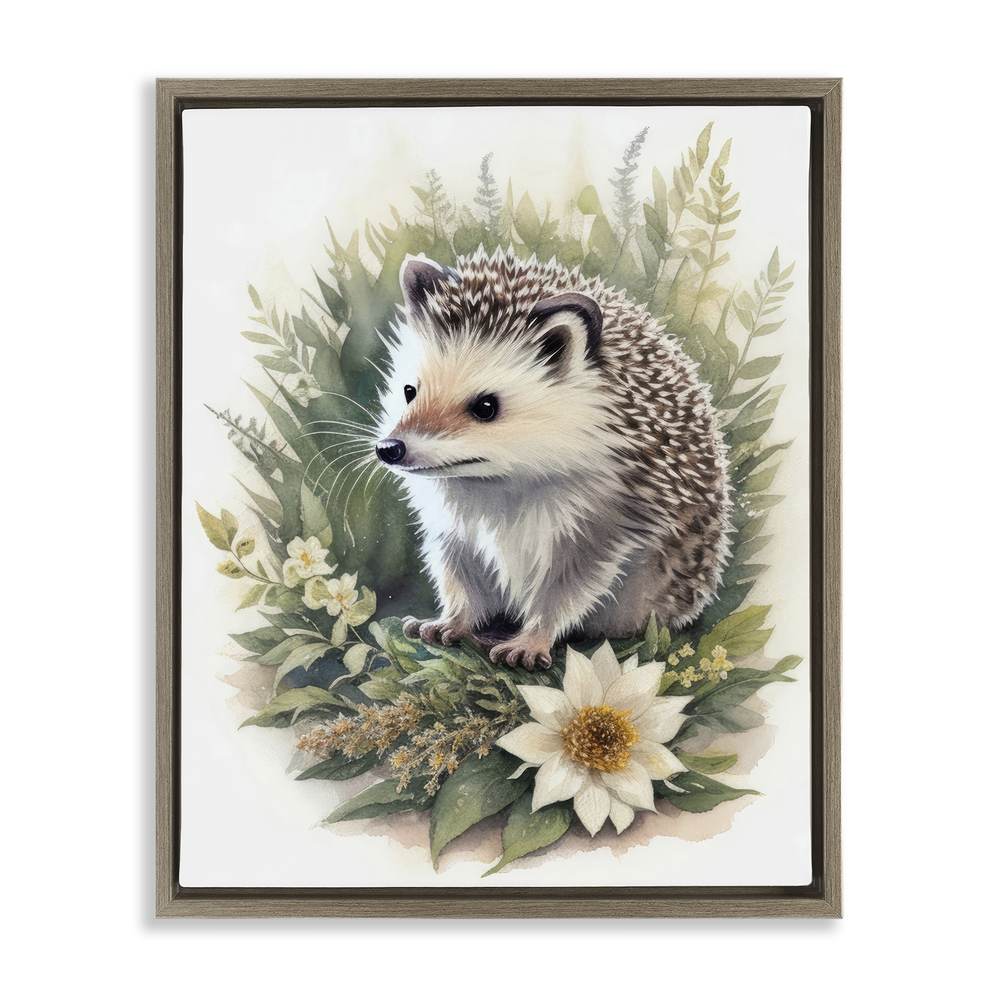 Stupell Industries Hedgehog & White Flower Animals & Insects Painting Brown Floater Framed Canvas Art Print Wall Art, 17 x 21