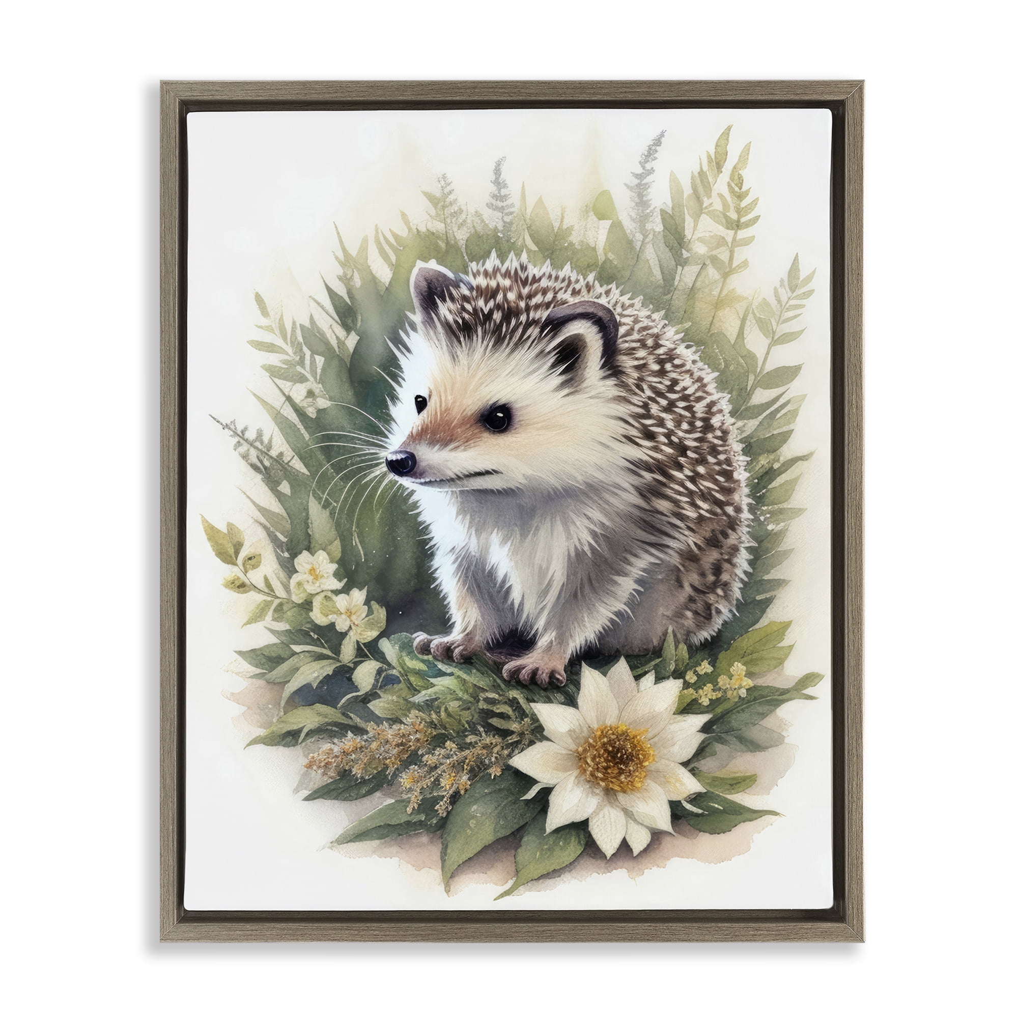 Stupell Industries Hedgehog & White Flower Animals & Insects Painting Brown Floater Framed Canvas Art Print Wall Art, 25 x 31
