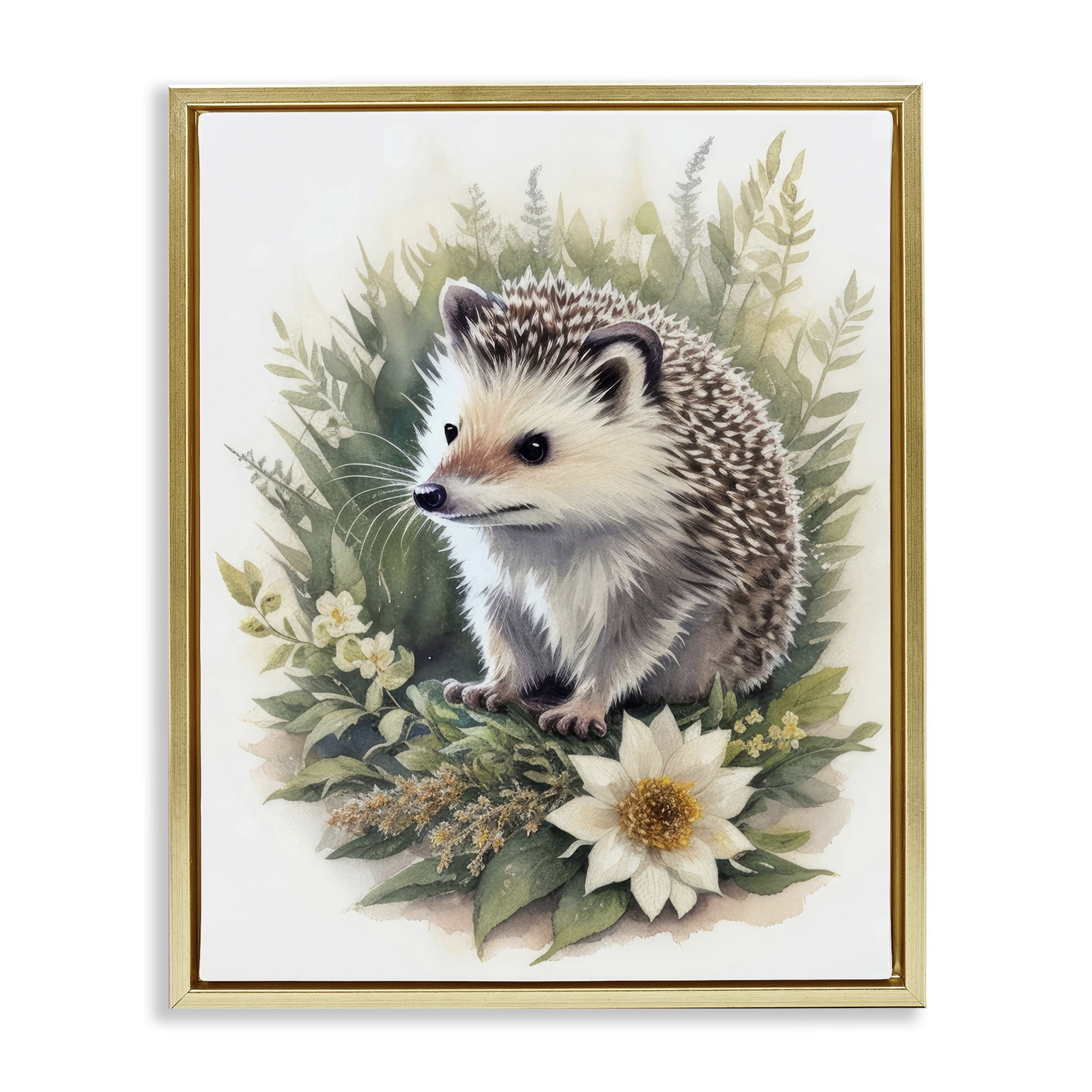 Stupell Industries Hedgehog & White Flower Animals & Insects Painting Gold Floater Framed Canvas Art Print Wall Art, 25 x 31