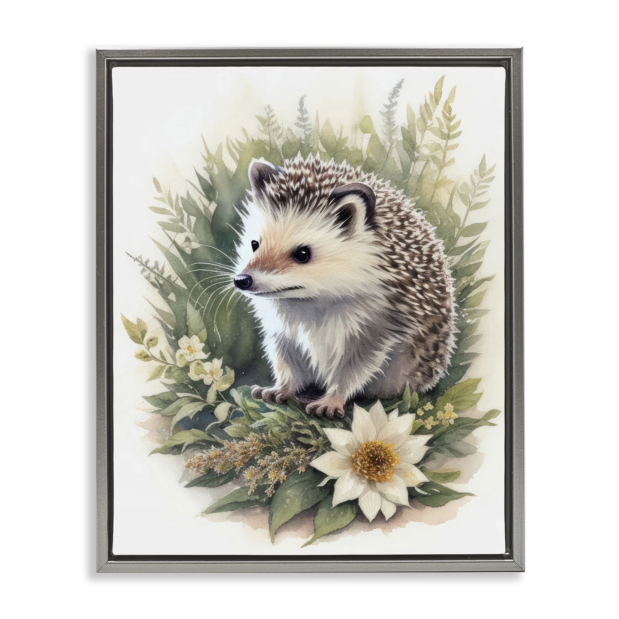 Stupell Industries Hedgehog & White Flower Animals & Insects Painting Gray Floater Framed Canvas Art Print Wall Art, 17 x 21