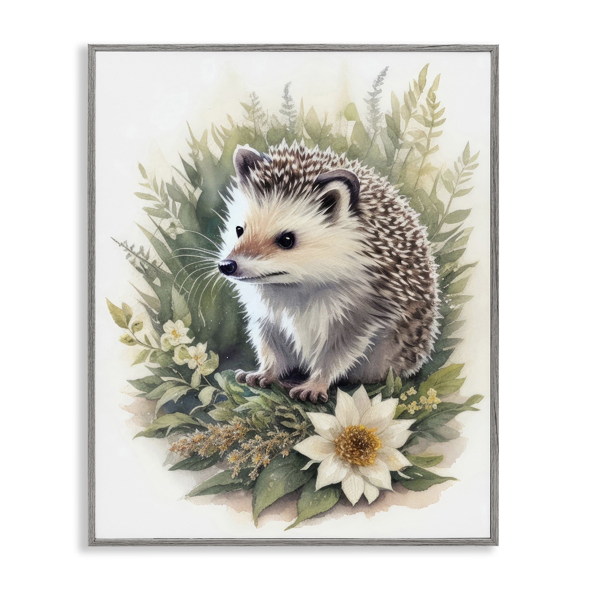 Stupell Industries Hedgehog & White Flower Animals & Insects Painting Gray Framed Art Print Wall Art, 16 x 20