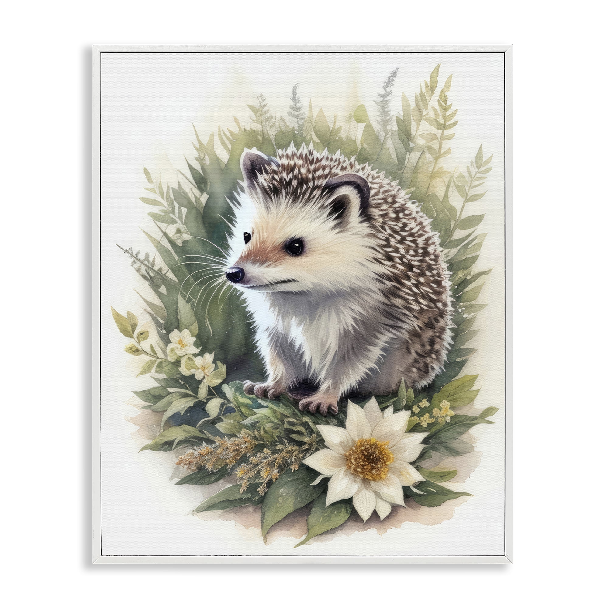Stupell Industries Hedgehog & White Flower Animals & Insects Painting White Framed Art Print Wall Art, 16 x 20