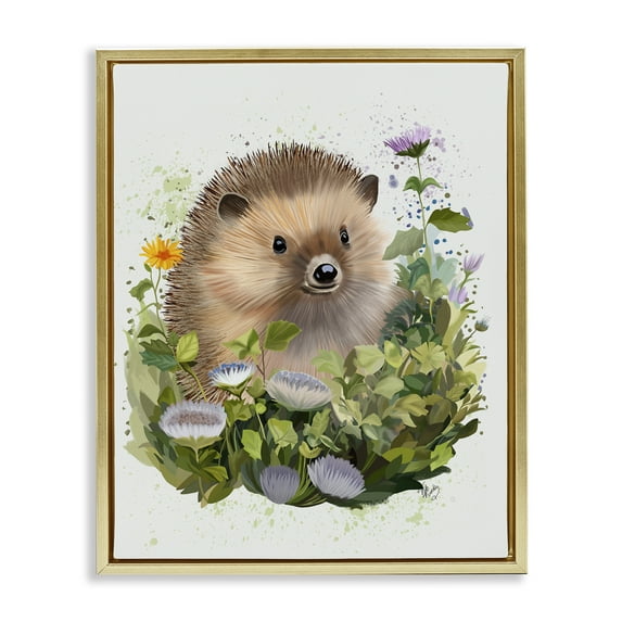 Stupell Industries Hedgehog in Floral Meadow Animals & Insects Painting Gold Floater Framed Canvas Art Print Wall Art, 17 x 21