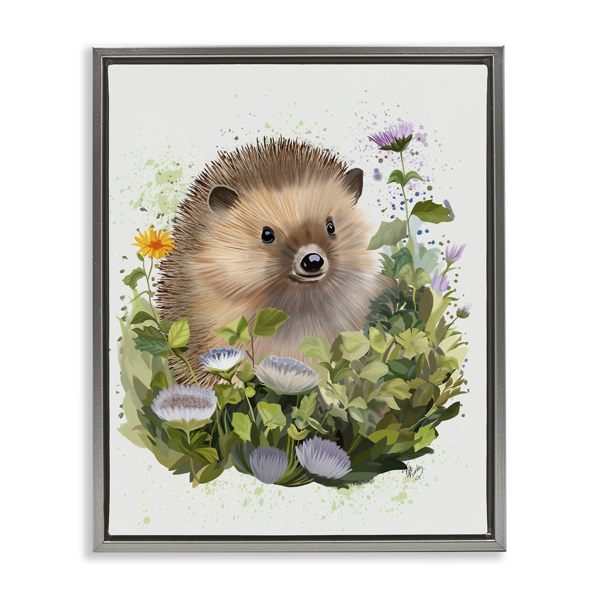 Stupell Industries Hedgehog in Floral Meadow Animals & Insects Painting Gray Floater Framed Canvas Art Print Wall Art, 17 x 21