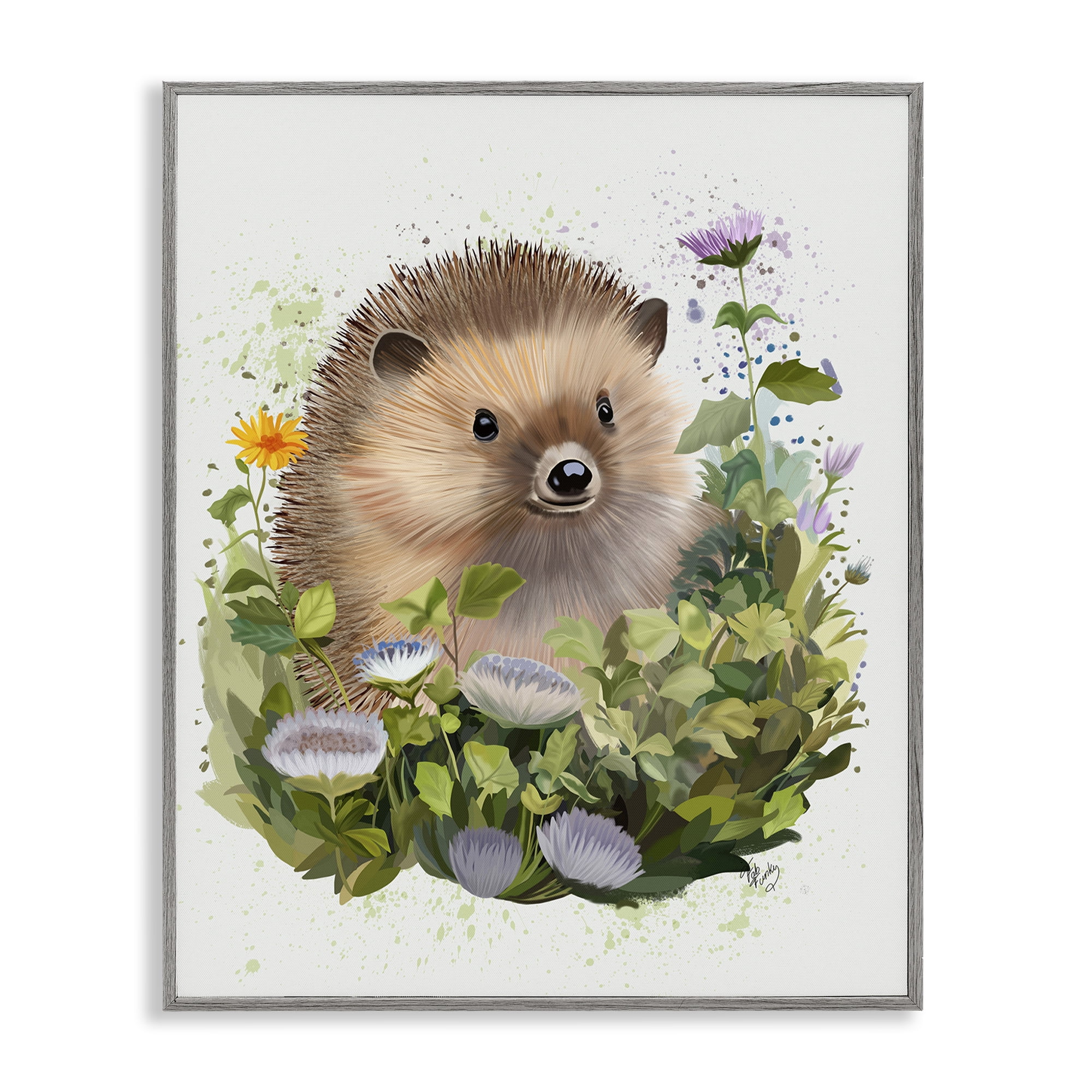 Stupell Industries Hedgehog in Floral Meadow Animals & Insects Painting Gray Framed Art Print Wall Art, 11 x 14