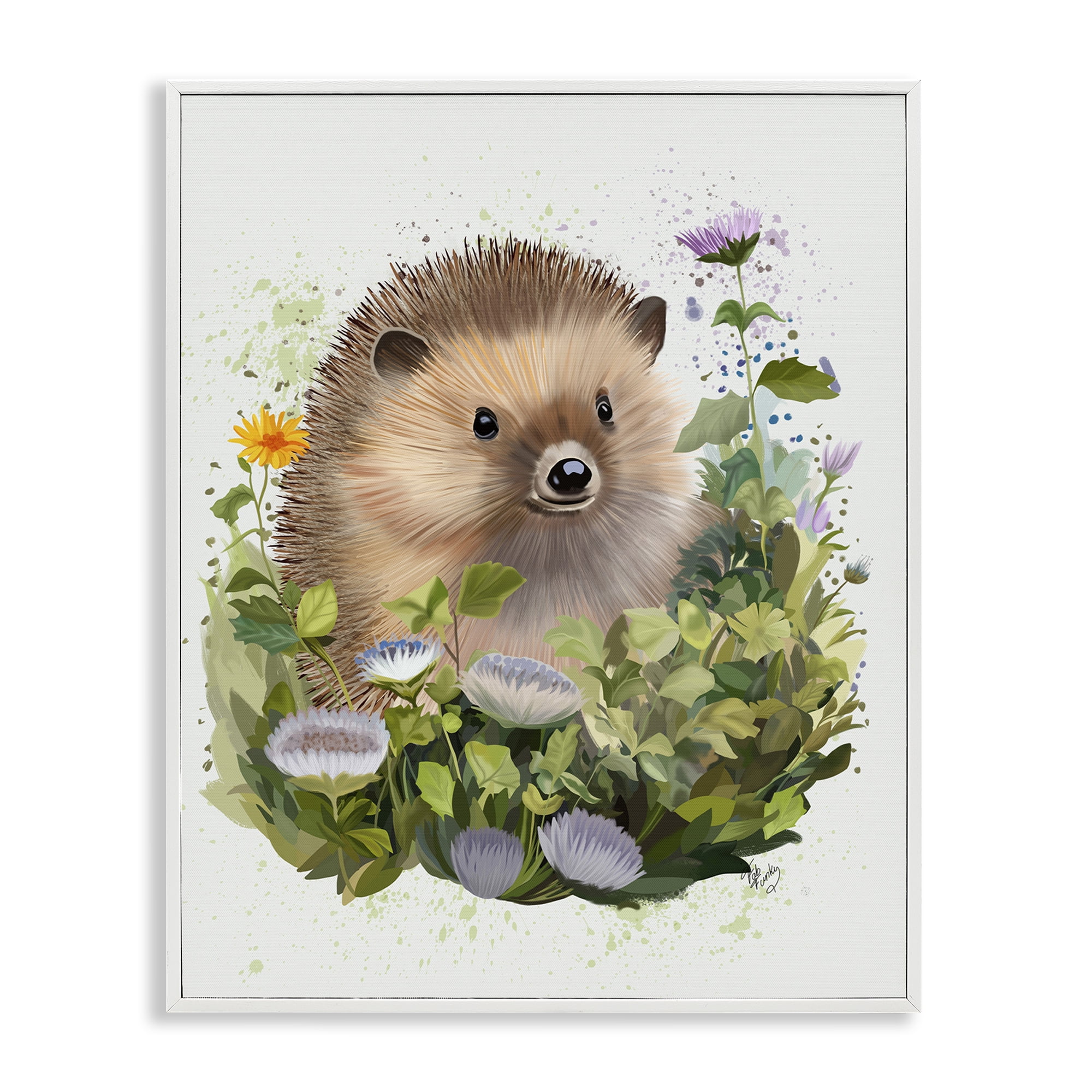 Stupell Industries Hedgehog in Floral Meadow Animals & Insects Painting White Framed Art Print Wall Art, 11 x 14