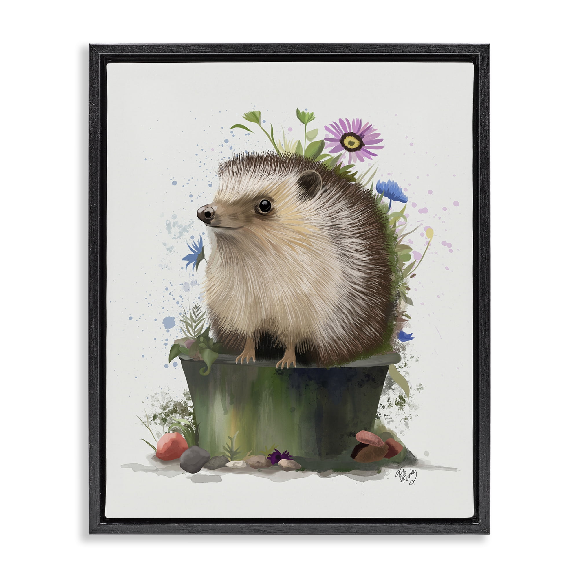 Stupell Industries Hedgehog in Gardening Pot Animals & Insects Painting Black Floater Framed Canvas Art Print Wall Art, 25 x 31