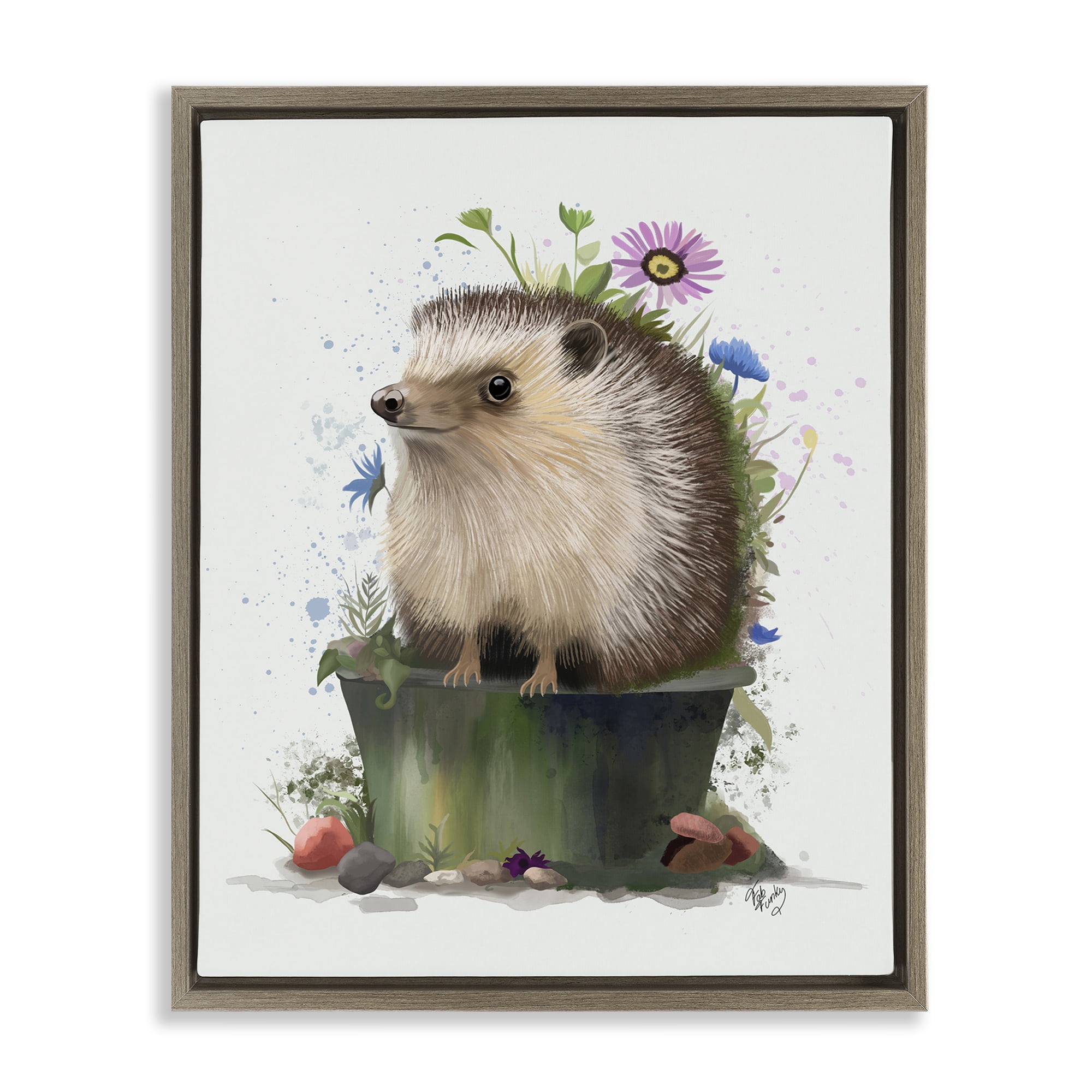 Stupell Industries Hedgehog in Gardening Pot Animals & Insects Painting Brown Floater Framed Canvas Art Print Wall Art, 25 x 31