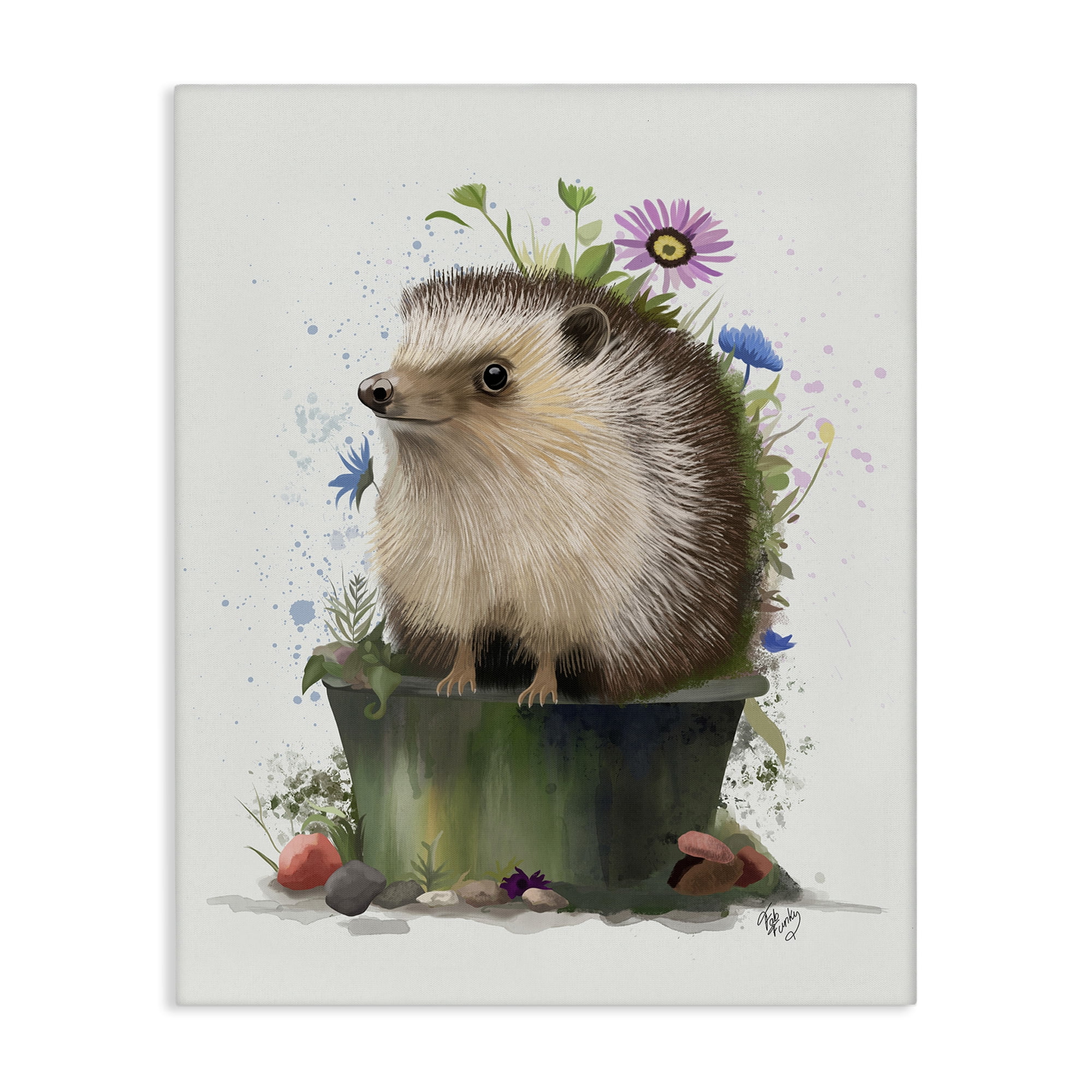 Stupell Industries Hedgehog in Gardening Pot Animals & Insects Painting Gallery Wrapped Canvas Art Print Wall Art, 24 x 30