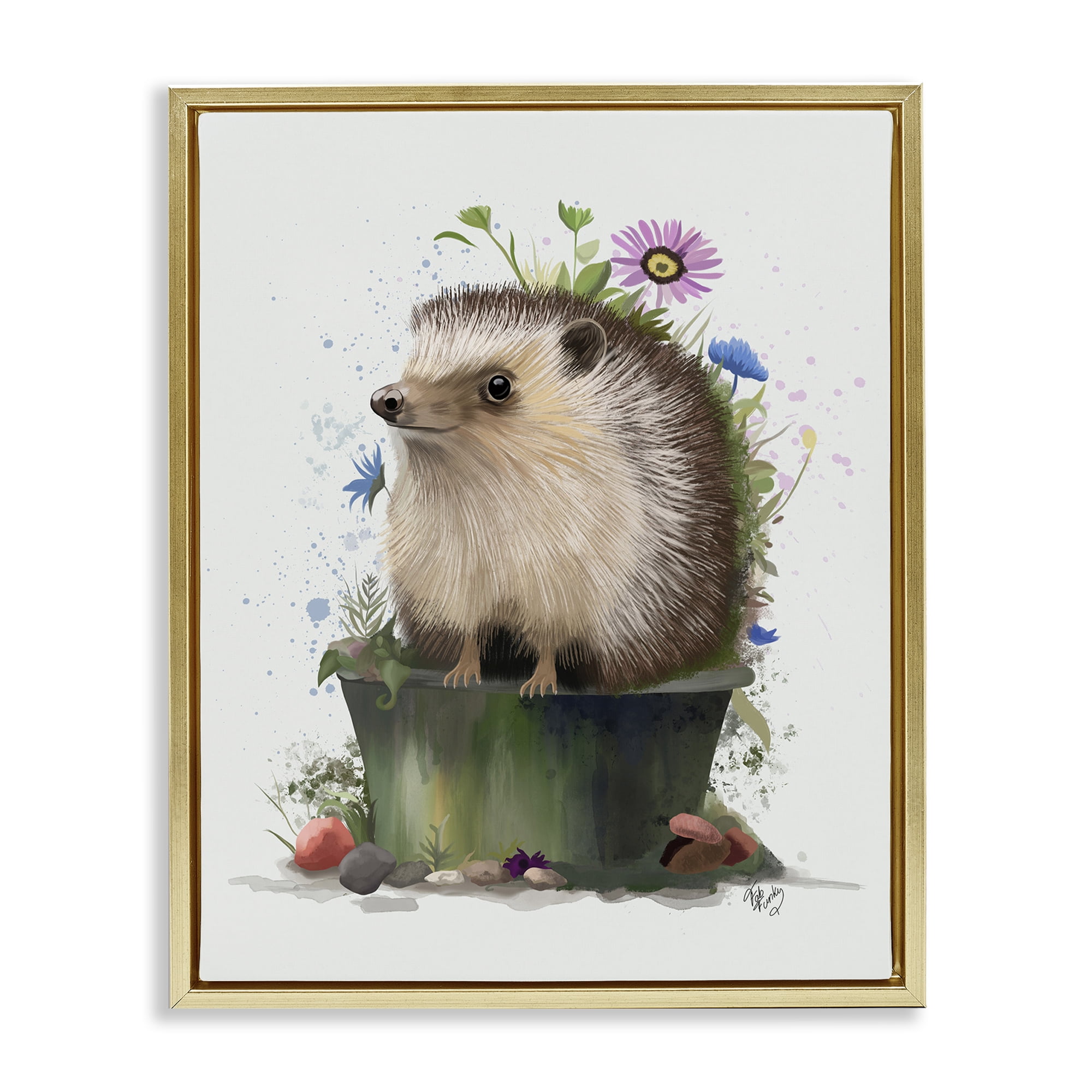 Stupell Industries Hedgehog in Gardening Pot Animals & Insects Painting Gold Floater Framed Canvas Art Print Wall Art, 17 x 21