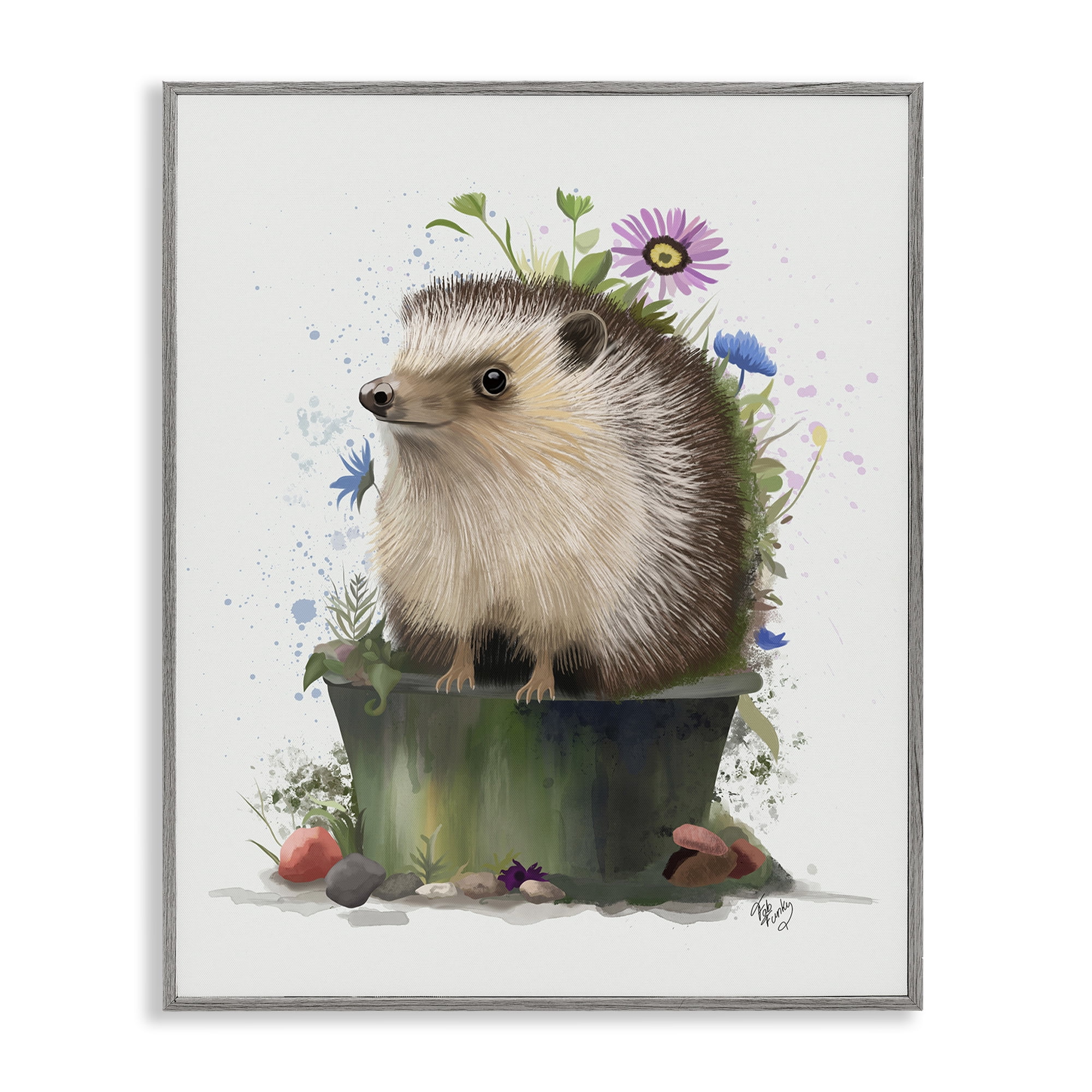 Stupell Industries Hedgehog in Gardening Pot Animals & Insects Painting Gray Framed Art Print Wall Art, 24 x 30