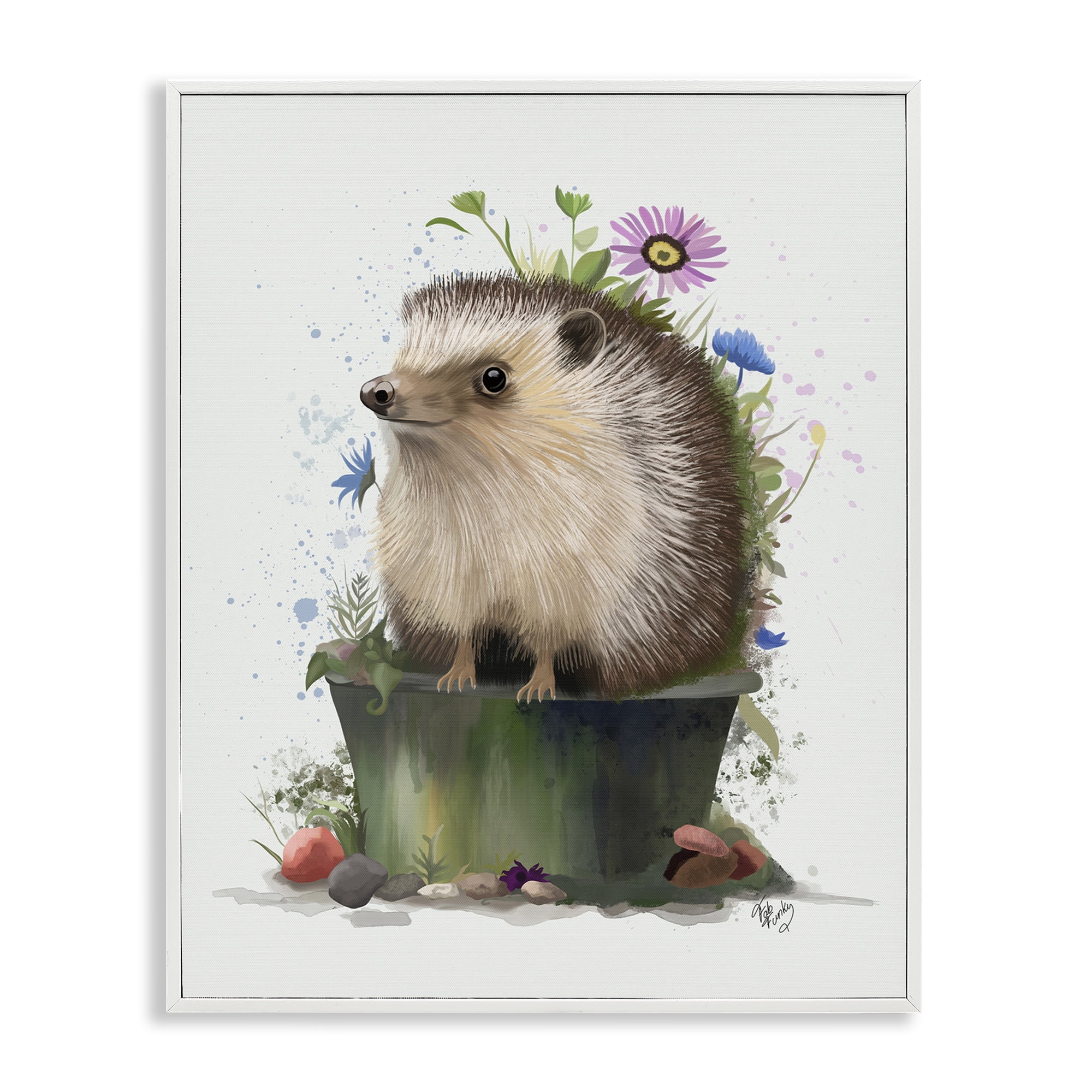 Stupell Industries Hedgehog in Gardening Pot Animals & Insects Painting White Framed Art Print Wall Art, 24 x 30