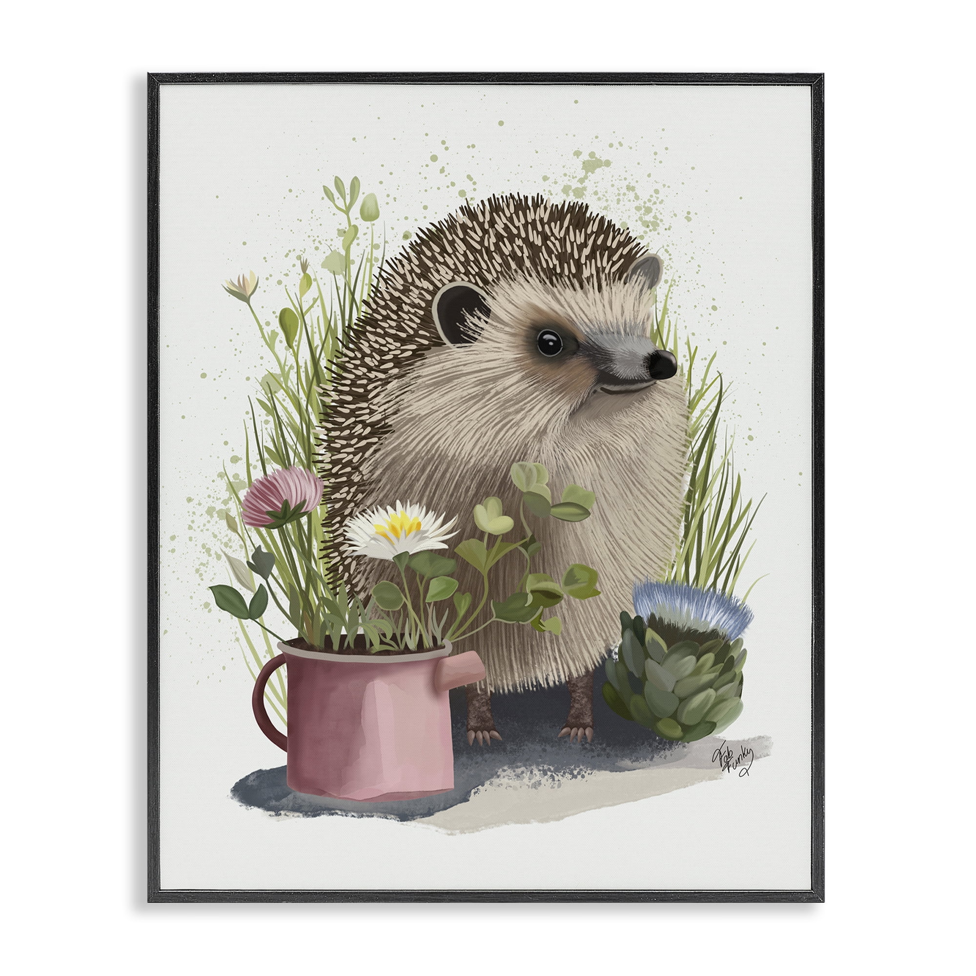 Stupell Industries Hedgehog with Garden Plants Animals & Insects Painting Black Framed Art Print Wall Art, 24 x 30