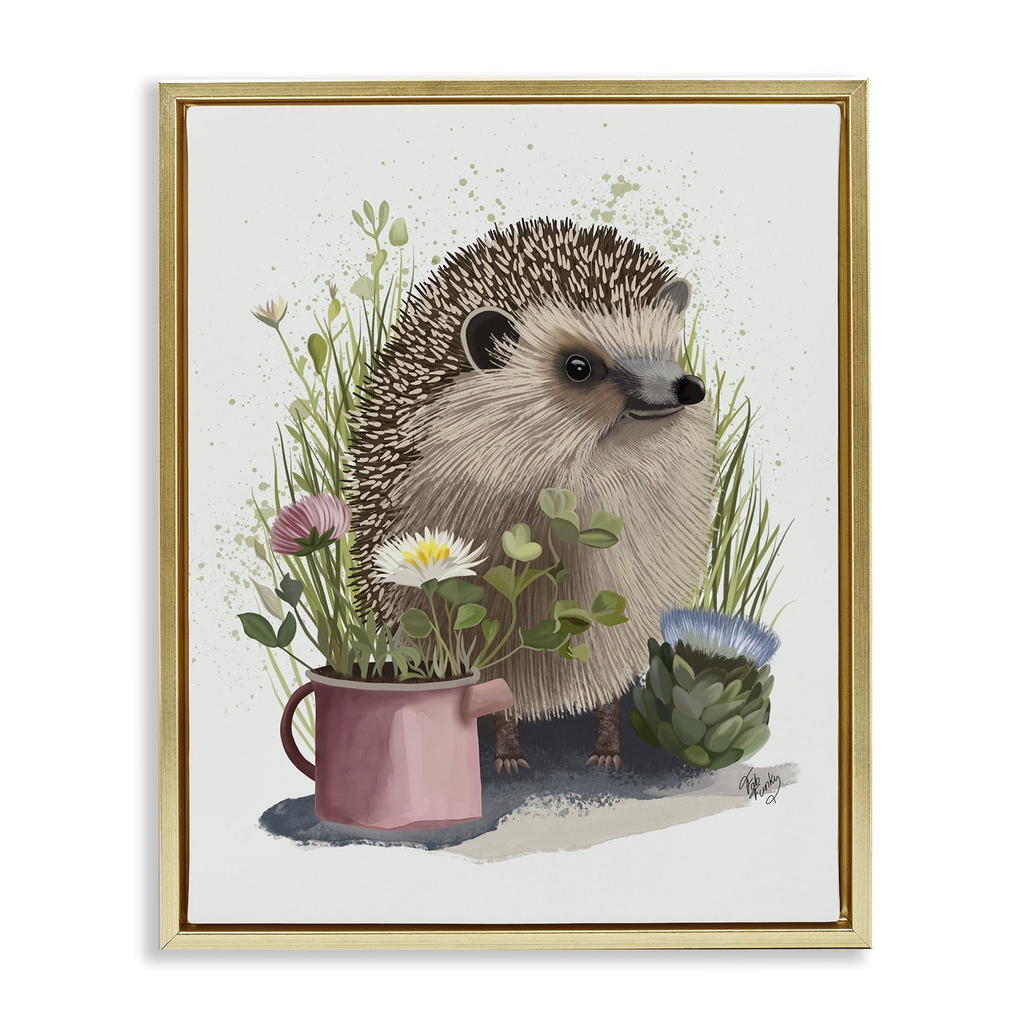 Stupell Industries Hedgehog with Garden Plants Animals & Insects Painting Gold Floater Framed Canvas Art Print Wall Art, 25 x 31