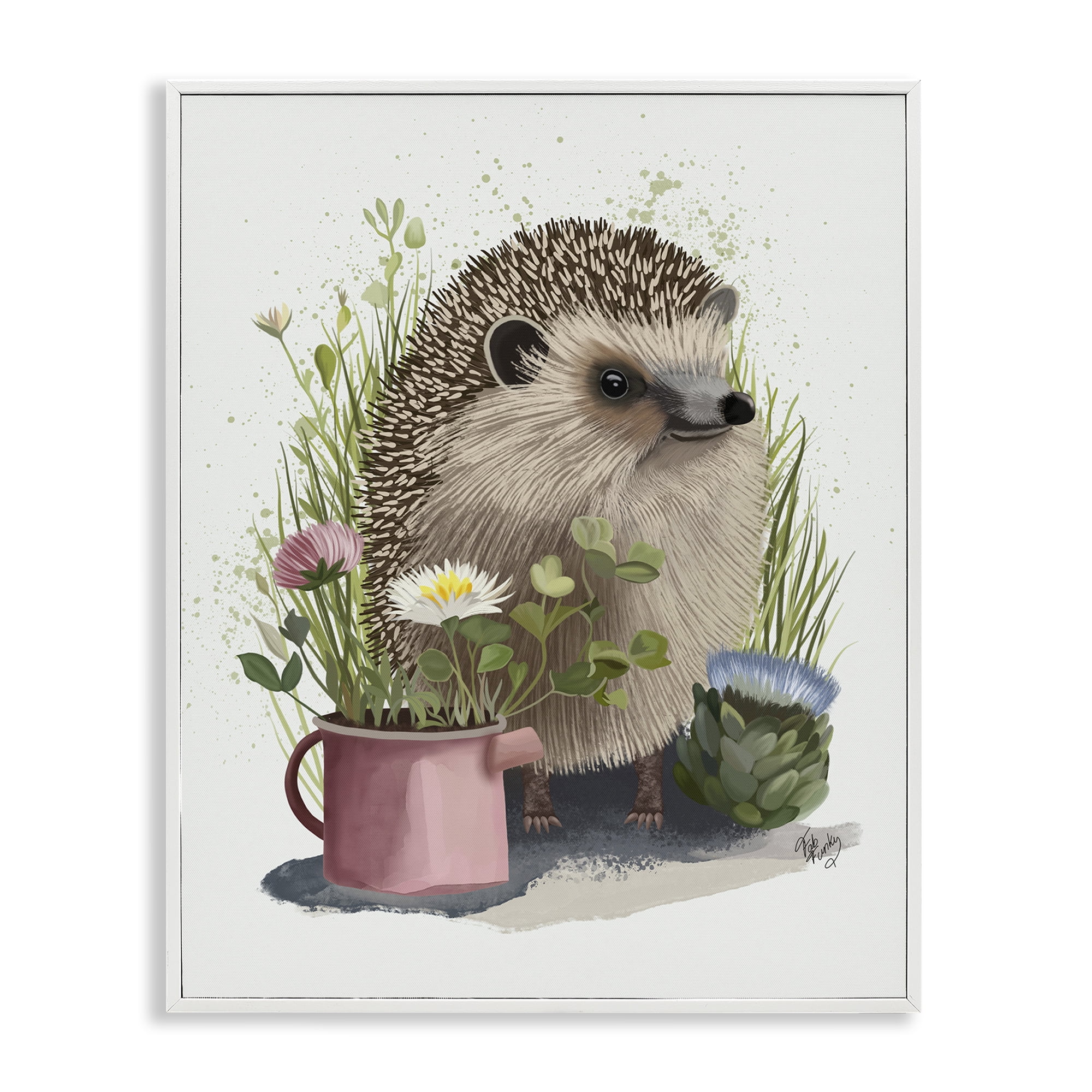 Stupell Industries Hedgehog with Garden Plants Animals & Insects Painting White Framed Art Print Wall Art, 24 x 30