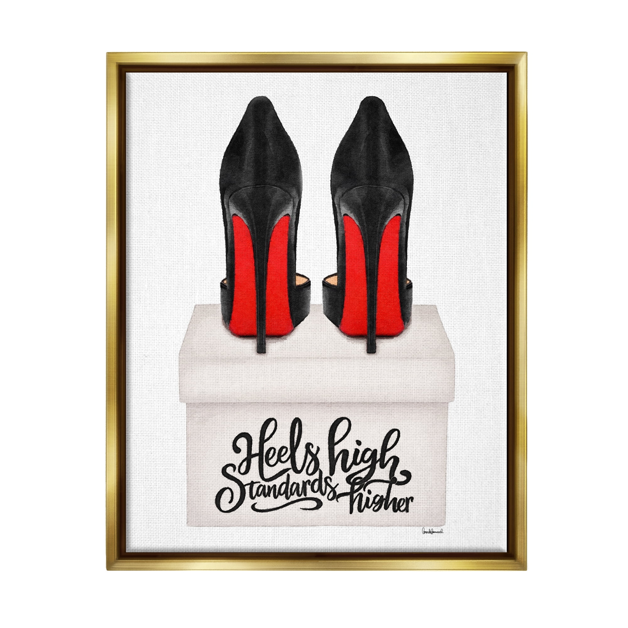 Stupell Industries Heels High Standards Higher Beauty & Fashion Painting Gold Floater Framed Canvas Art Print Wall Art, 25 x 31