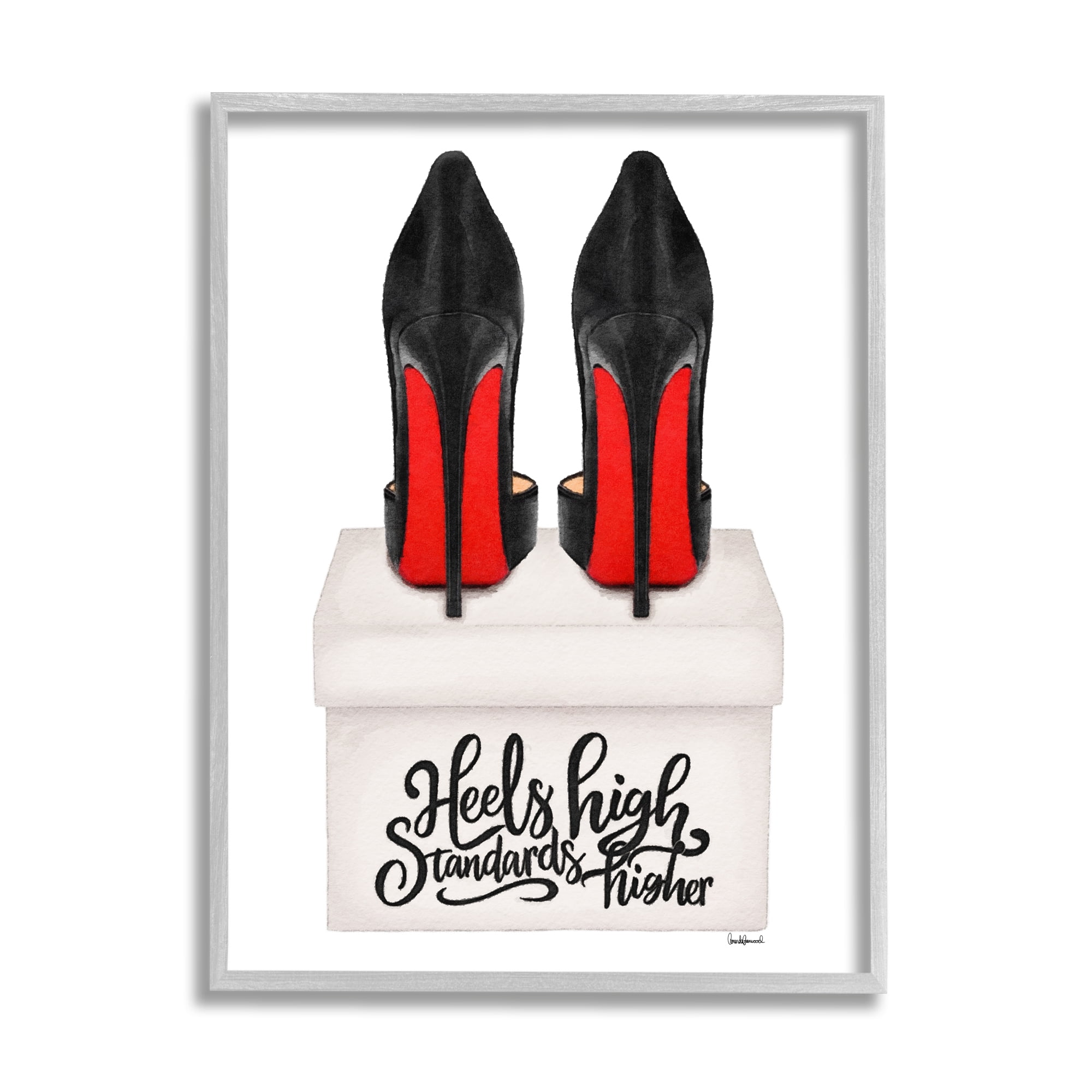 Stupell Industries Heels High Standards Higher Beauty & Fashion Painting Gray Framed Art Print Wall Art, 24 x 30