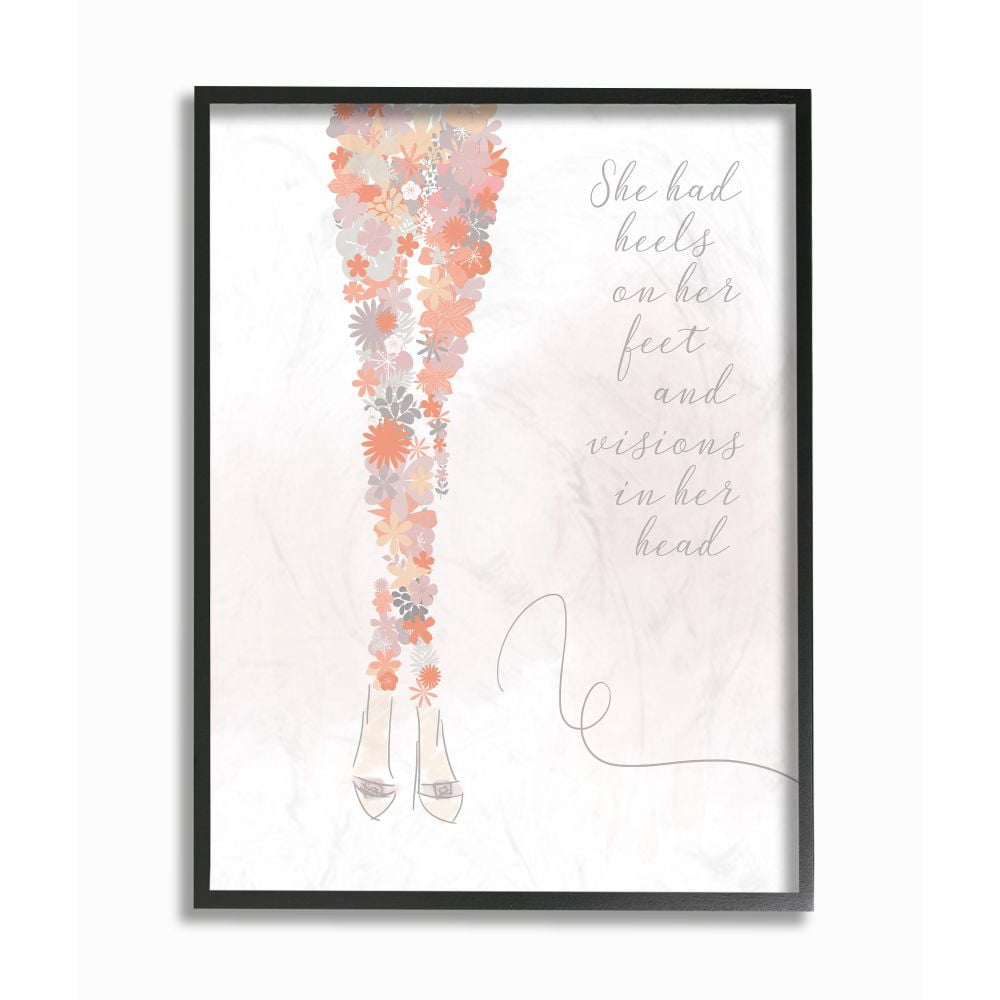 Stupell Industries Heels Inspirational Word Flower Fashion Modern Word Design Framed Giclee Texturized Art by Anna Quach