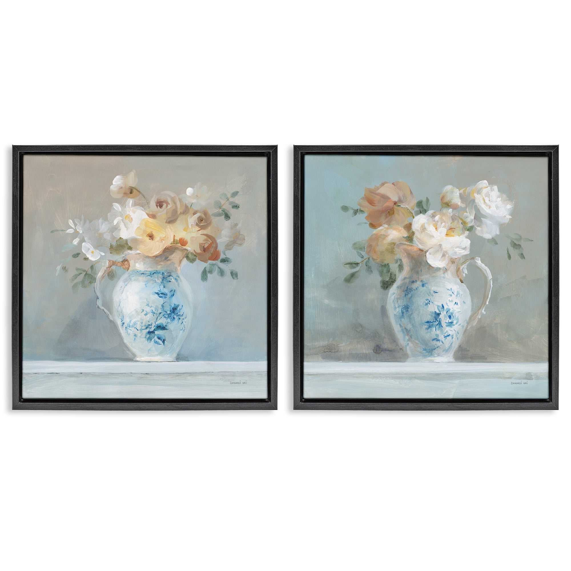 Stupell Industries Heirloom Bouquet Pitcher Plants & Flowers Painting Black Floater Framed Canvas Art Print Wall Art, 25 x 25, Set of 2