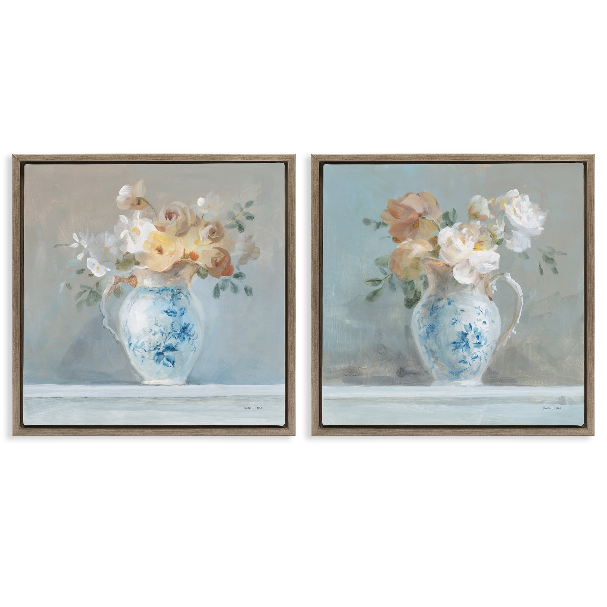 Stupell Industries Heirloom Bouquet Pitcher Plants & Flowers Painting Brown Floater Framed Canvas Art Print Wall Art, 18 x 18, Set of 2