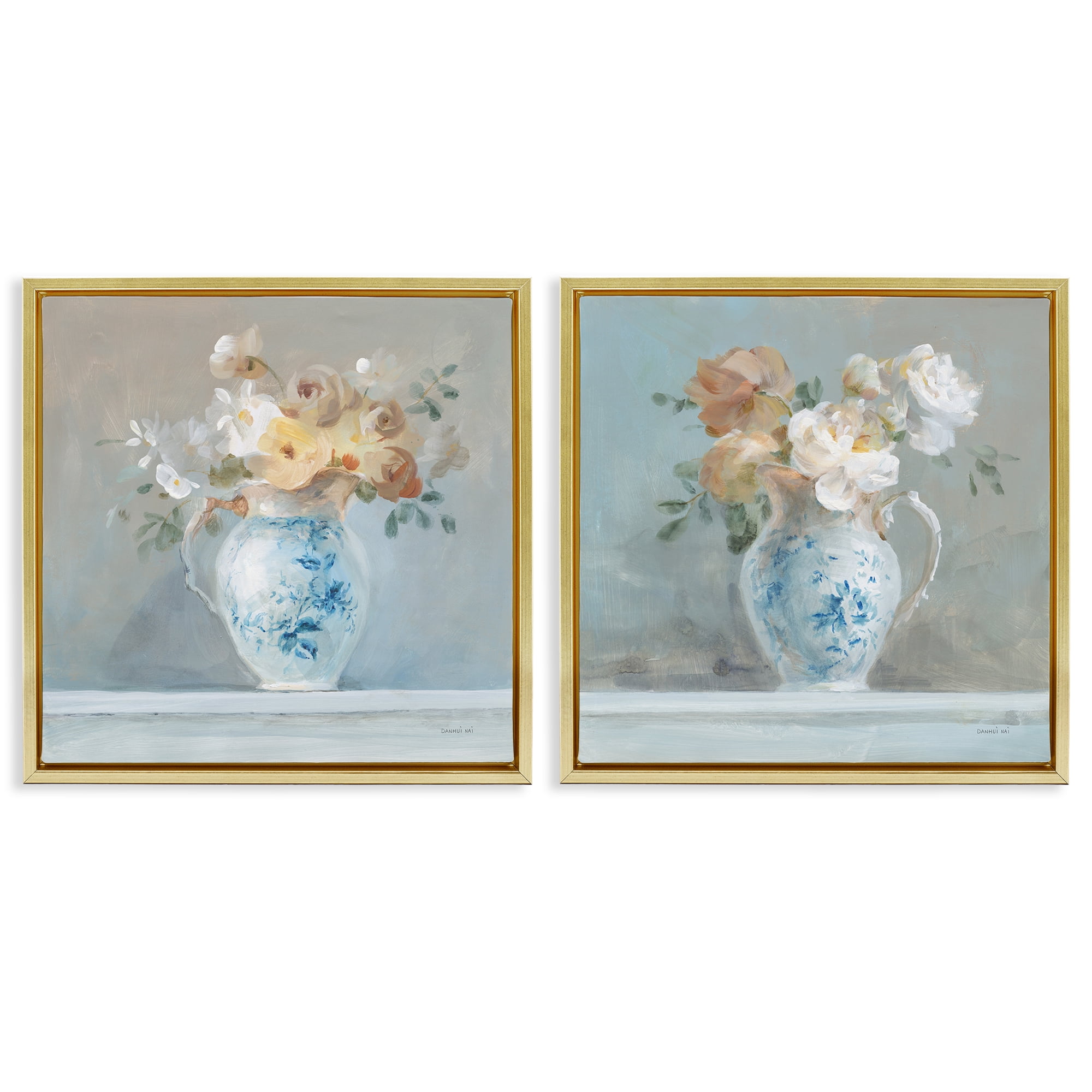 Stupell Industries Heirloom Bouquet Pitcher Plants & Flowers Painting Gold Floater Framed Canvas Art Print Wall Art, 18 x 18, Set of 2