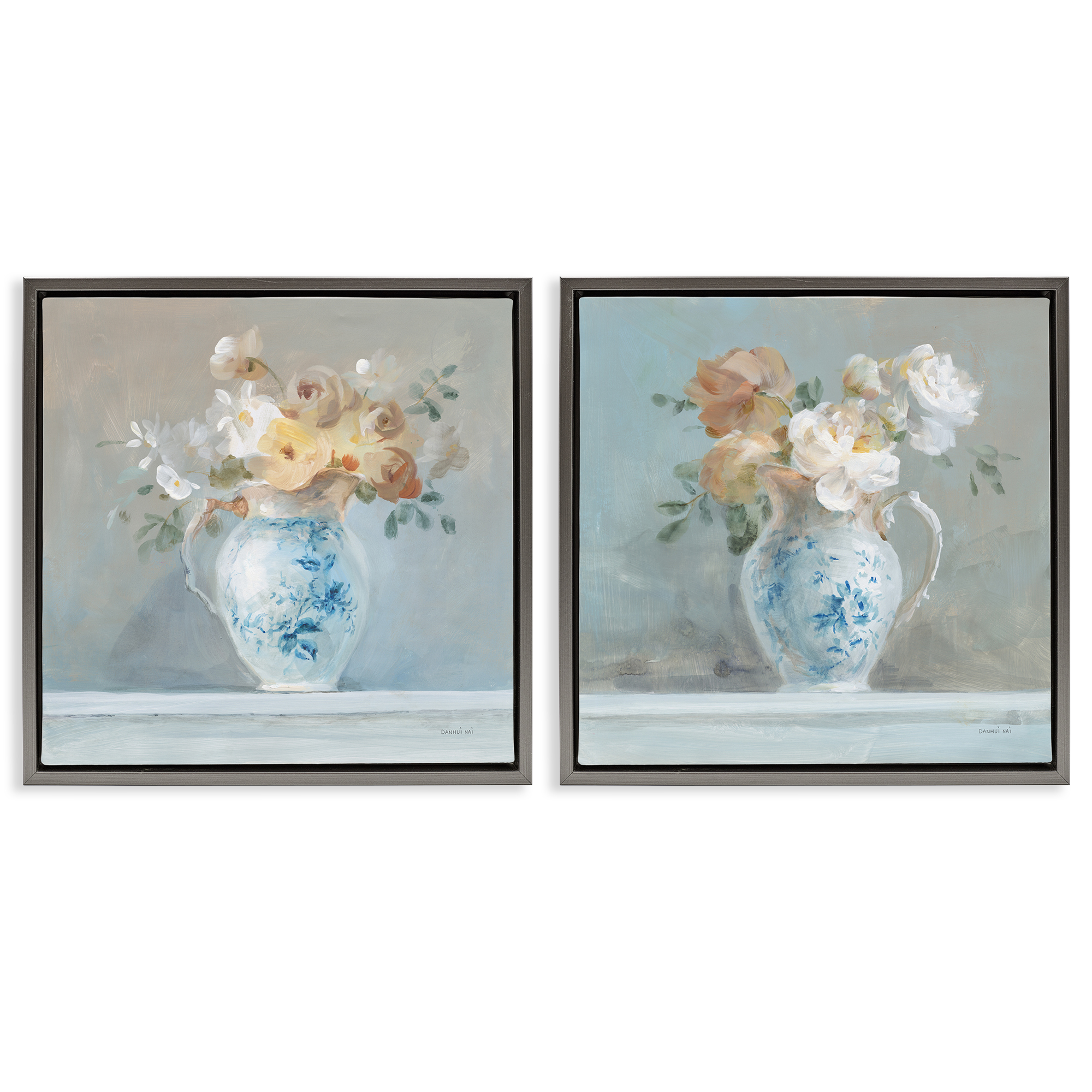 Stupell Industries Heirloom Bouquet Pitcher Plants & Flowers Painting Gray Floater Framed Canvas Art Print Wall Art, 18 x 18, Set of 2
